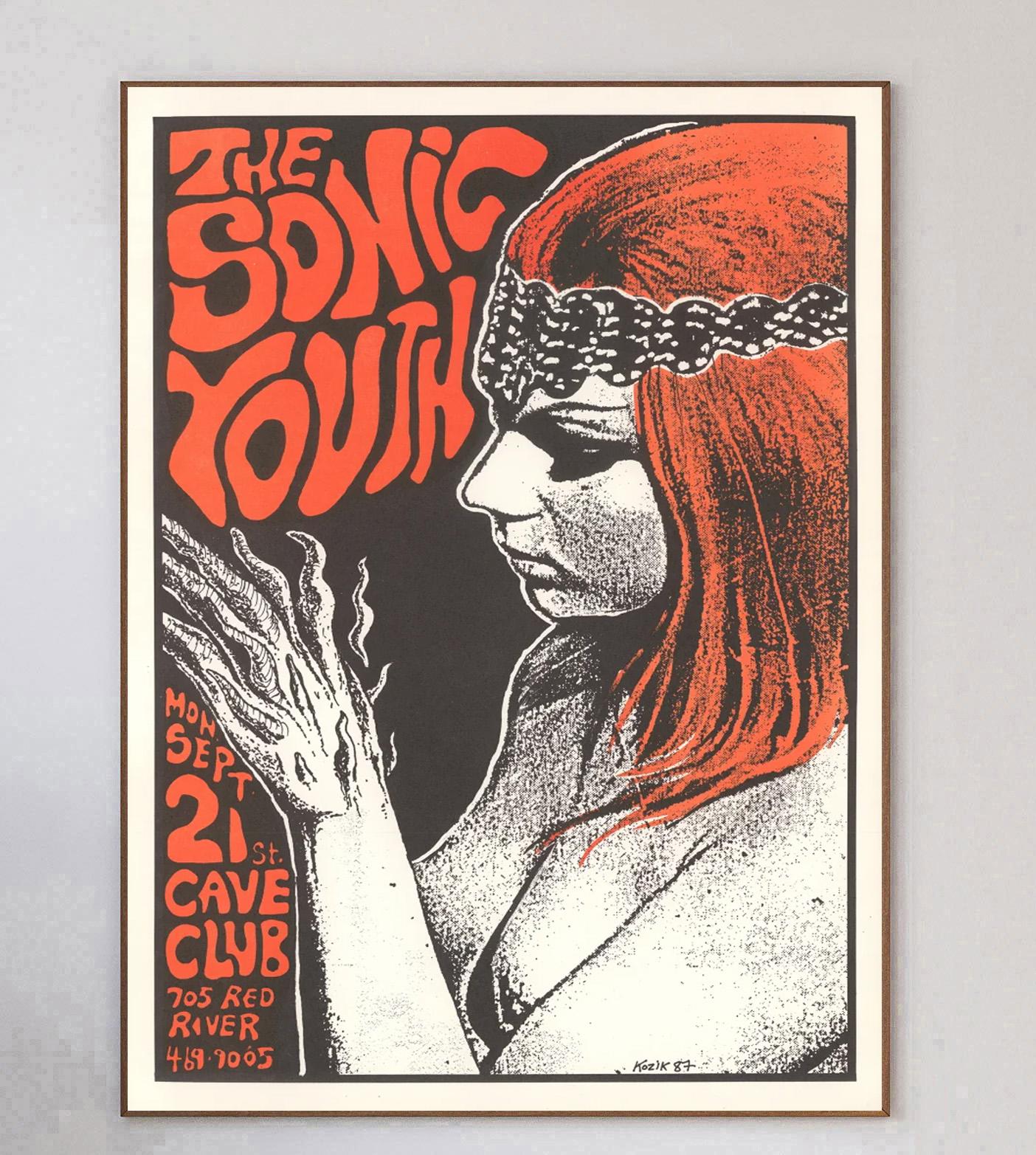 Designed by concert poster artist Frank Kozik, this beautiful poster was created in 1987 to promote a live concert of Sonic Youth at the Cave Club in Austin, Texas in the USA. 

This brilliant first-edition poster for the New York rock legends is in