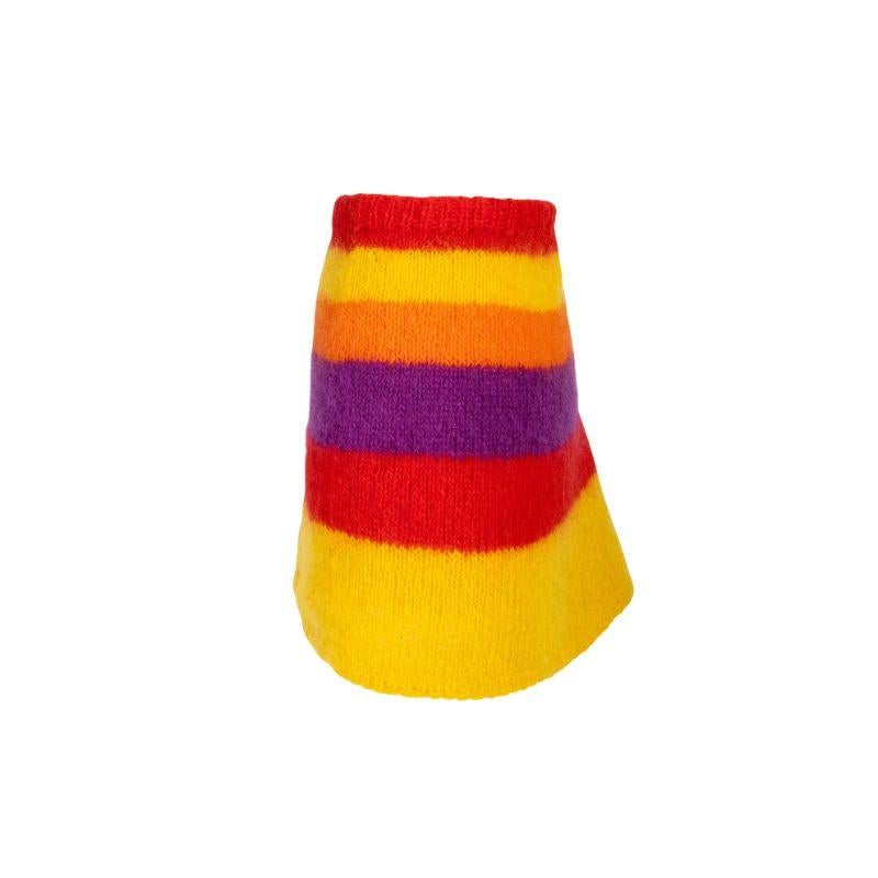 1987 Stephen Sprouse “S” Label mohair knit multicolor stripe mini skirt with bright yellow, orange, red and purple stripes. Same color scheme seen in the ad campaign - a rare and special skirt. Matching sweater available. In very good vintage