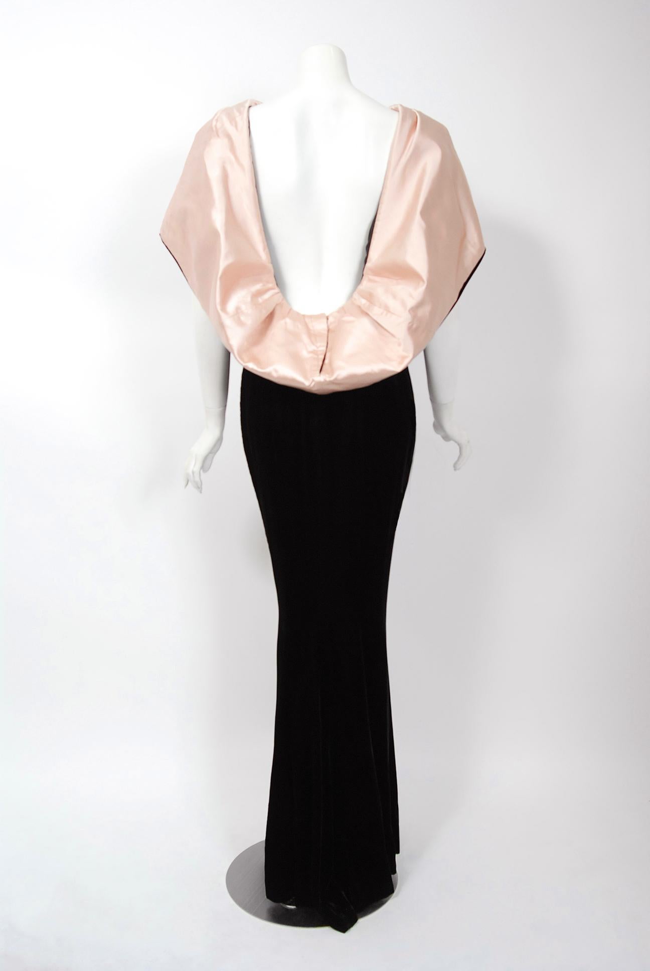 Black Vintage 1987 Thierry Mugler Museum-Held Velvet & Satin Bias-Cut Backless Gown