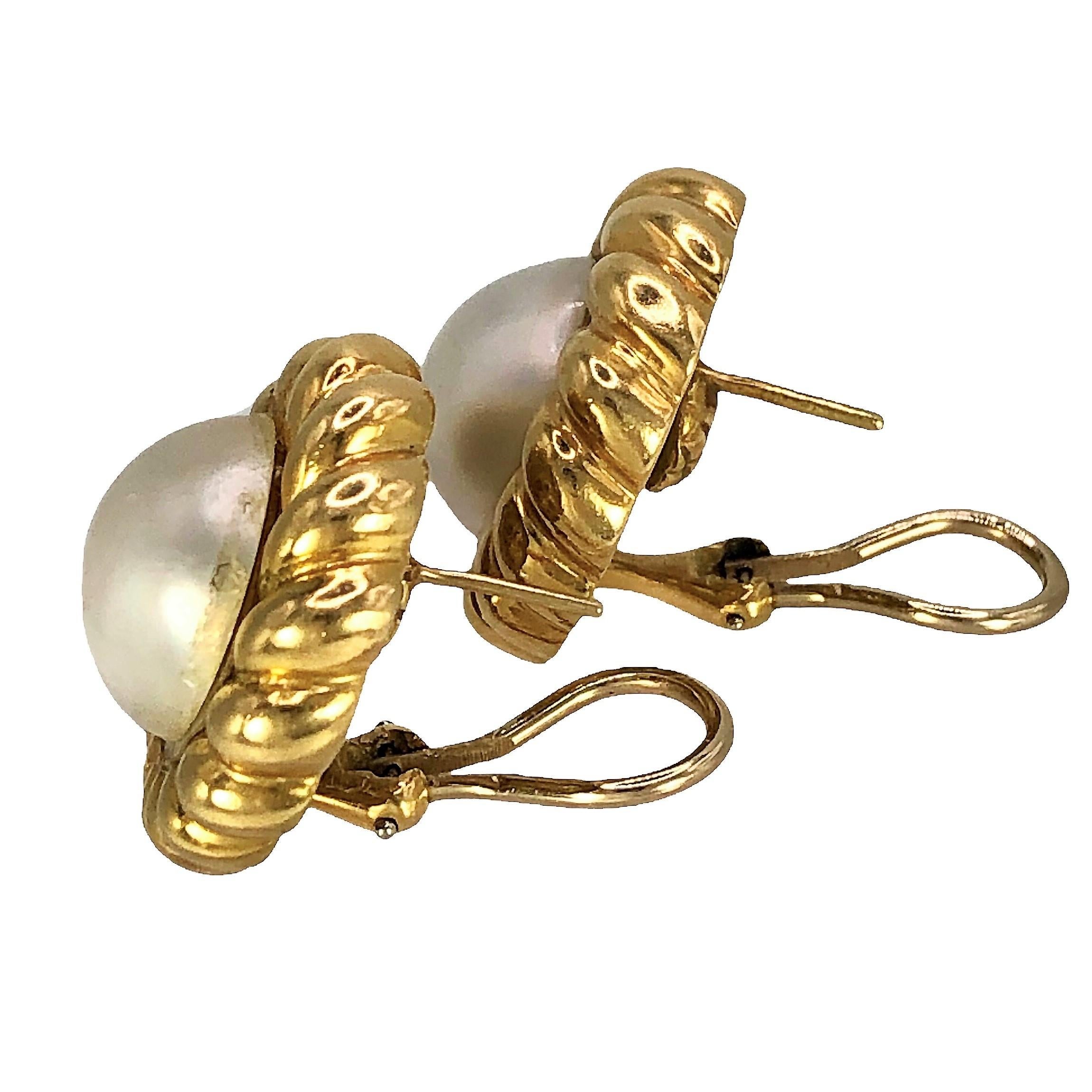 Women's 1987 Tiffany & Co. 18K Yellow Gold Twisted Rope Earrings with Mabe Pearl Centers