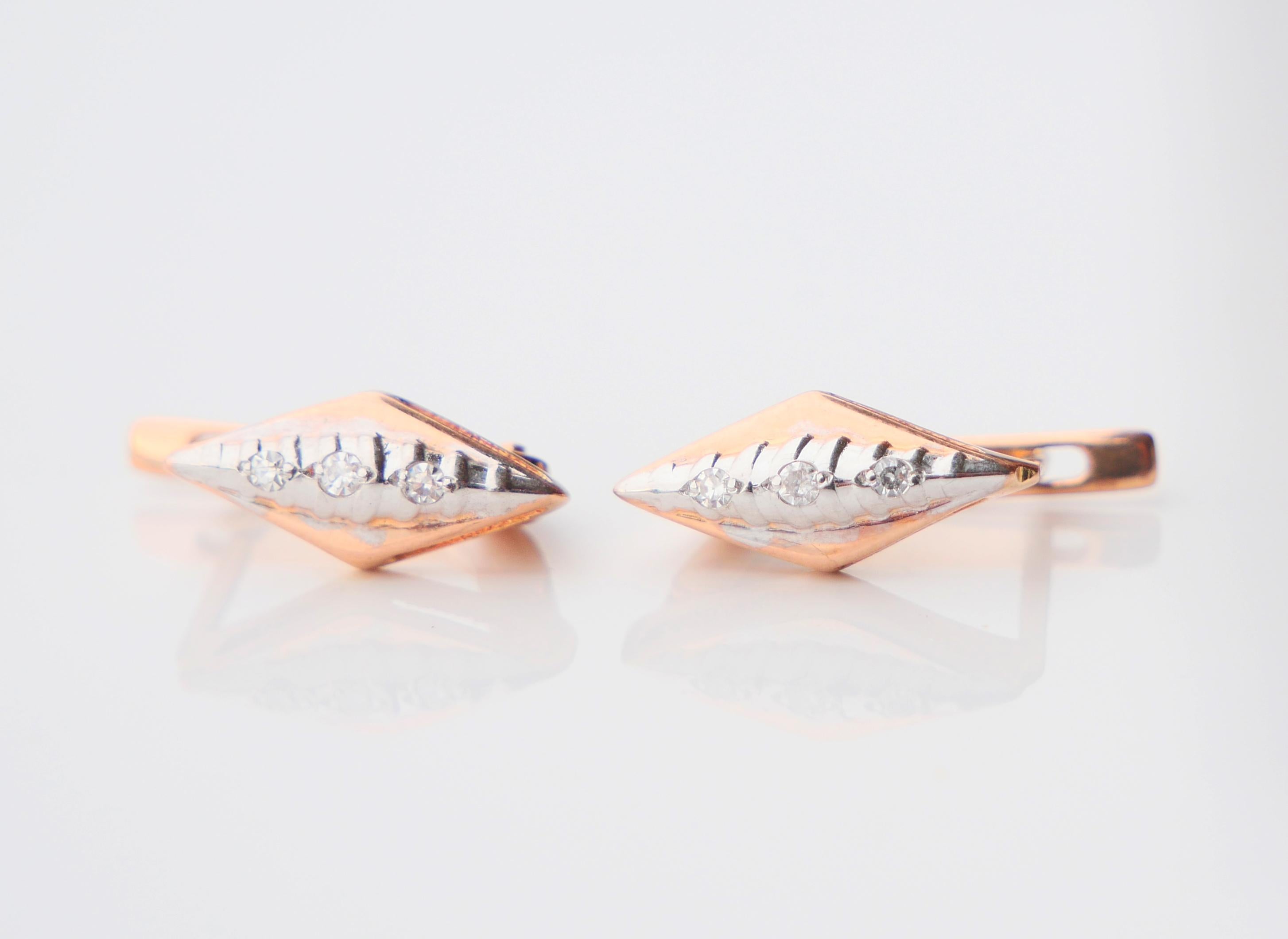 Rétro 1987 USSR Russian Earrings Diamonds solid 14K Rose White Gold / 3.25gr en vente