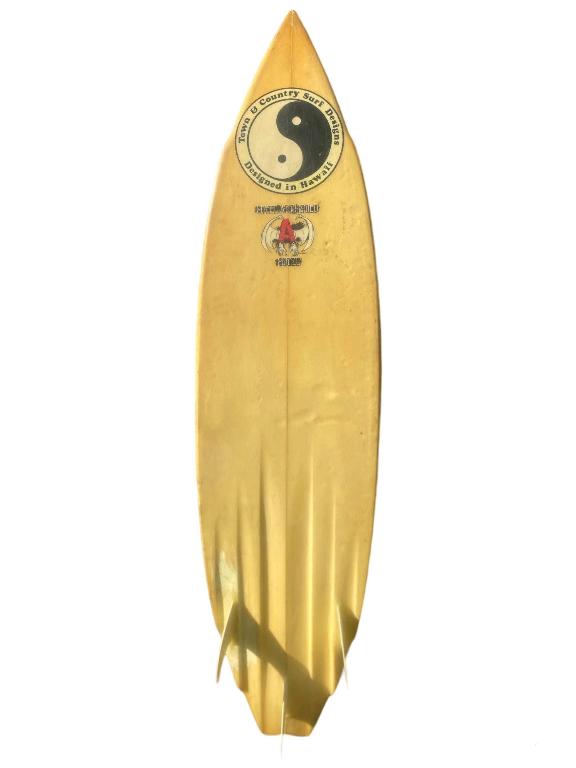 1987 Vintage Matt “Archy” Archbold personal surfboard. Made under the renowned Town & Country Surfboards label by T. Patterson. Features airbrushed original artwork by Izzy Paskowitz of a Pawnee Native American Indian. Uncommon nose-wing shape