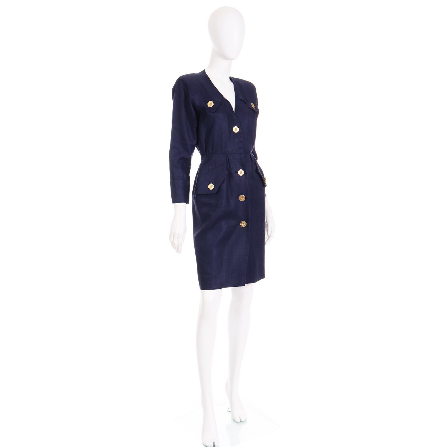 Black 1987 Vintage Yves Saint Laurent Navy Blue Linen Dress With Gold Buttons  For Sale