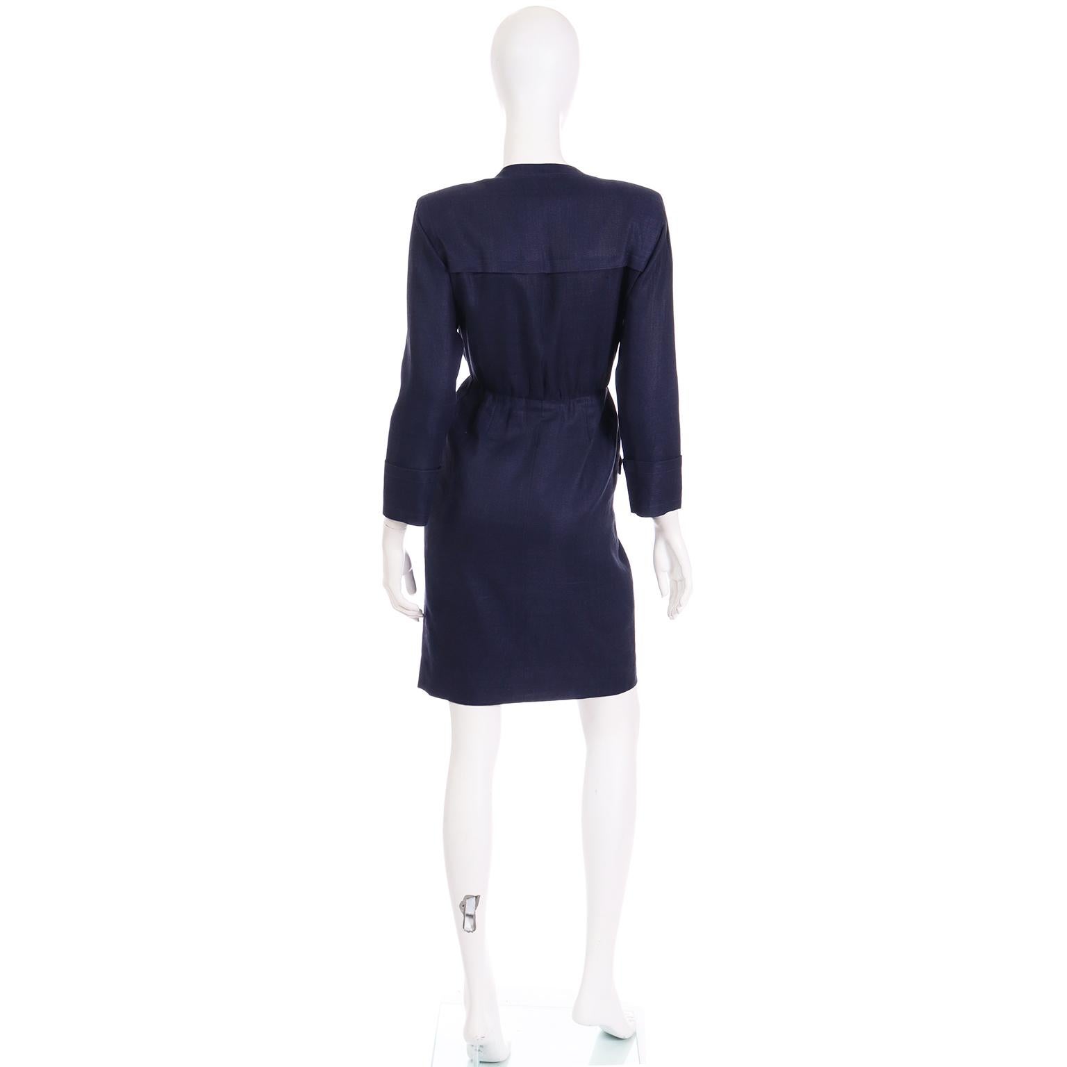 1987 Vintage Yves Saint Laurent Navy Blue Linen Dress With Gold Buttons  In Excellent Condition For Sale In Portland, OR