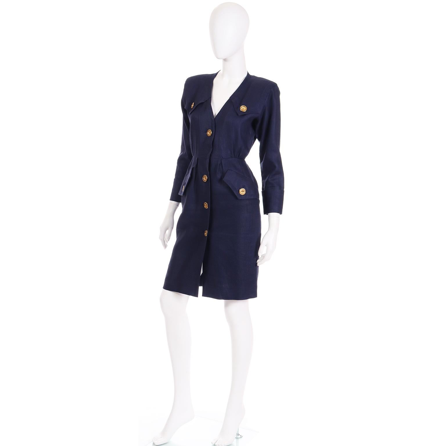 Women's 1987 Vintage Yves Saint Laurent Navy Blue Linen Dress With Gold Buttons  For Sale
