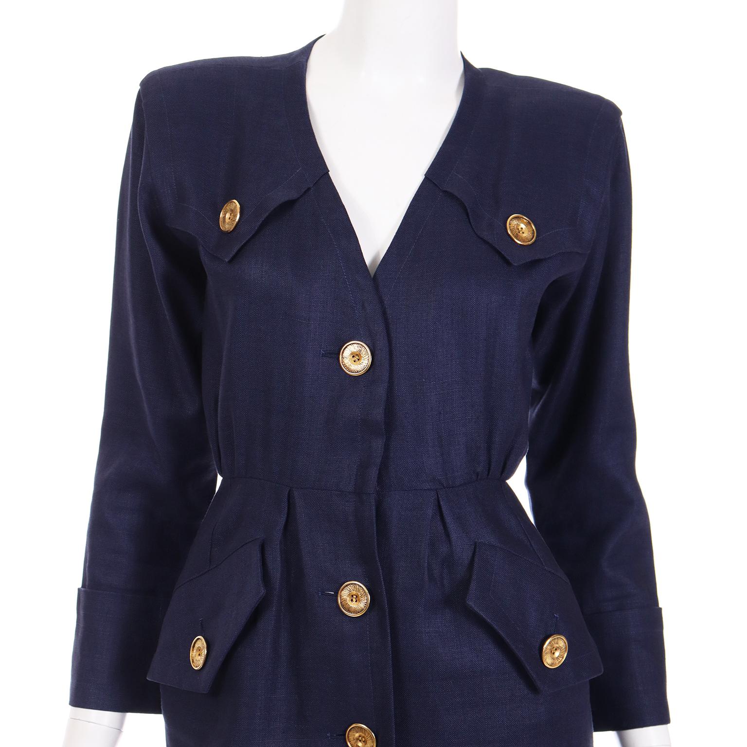 1987 Vintage Yves Saint Laurent Navy Blue Linen Dress With Gold Buttons  For Sale 1