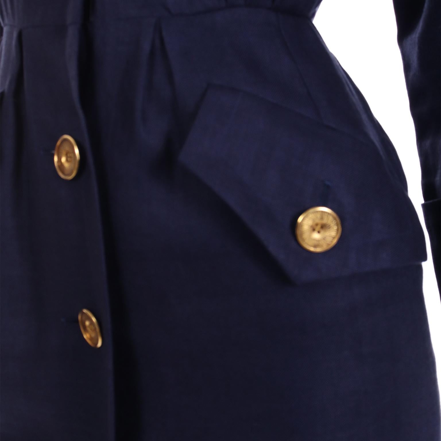 1987 Vintage Yves Saint Laurent Navy Blue Linen Dress With Gold Buttons  For Sale 2