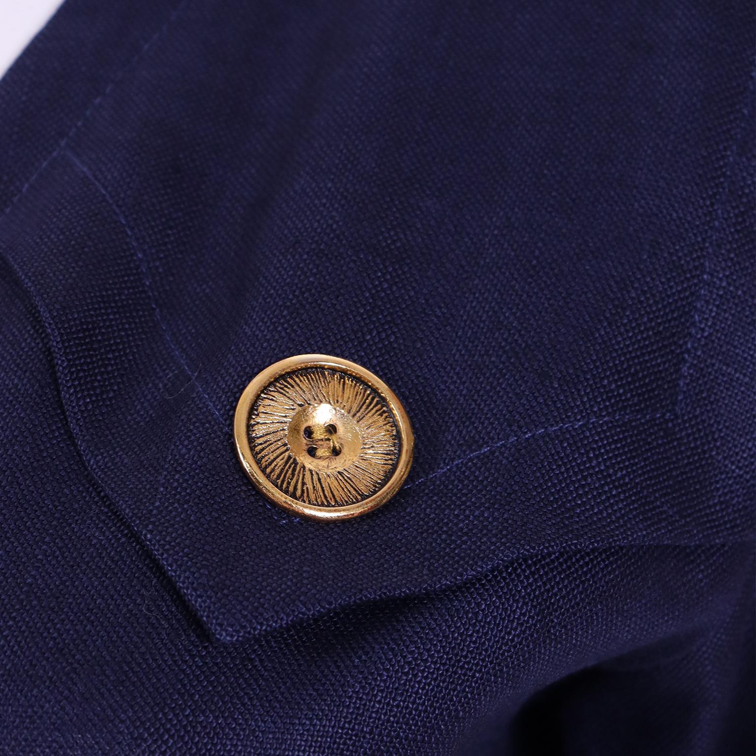 1987 Vintage Yves Saint Laurent Navy Blue Linen Dress With Gold Buttons  For Sale 3