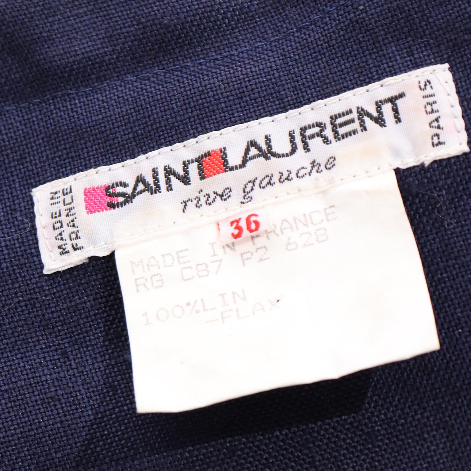 1987 Vintage Yves Saint Laurent Navy Blue Linen Dress With Gold Buttons  For Sale 4