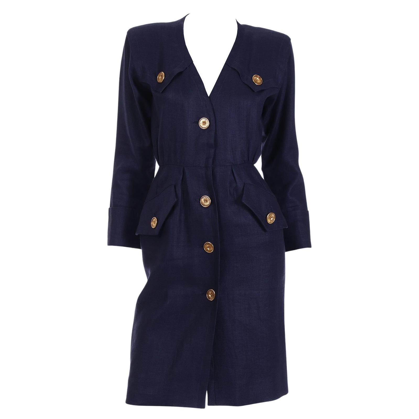1987 Vintage Yves Saint Laurent Navy Blue Linen Dress With Gold Buttons  For Sale