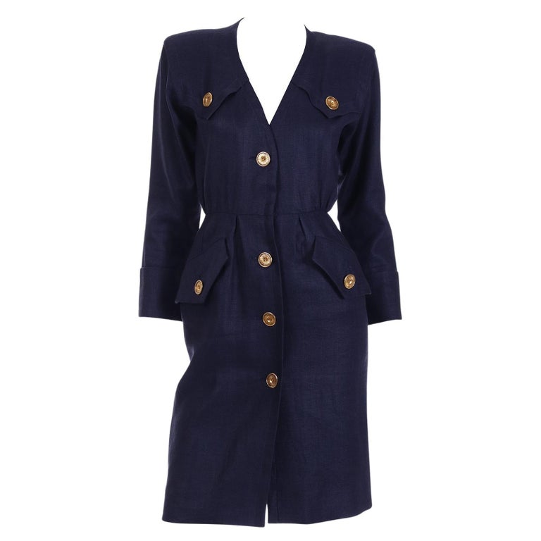 Late 1980s Yves Saint Laurent Couture Navy Dress