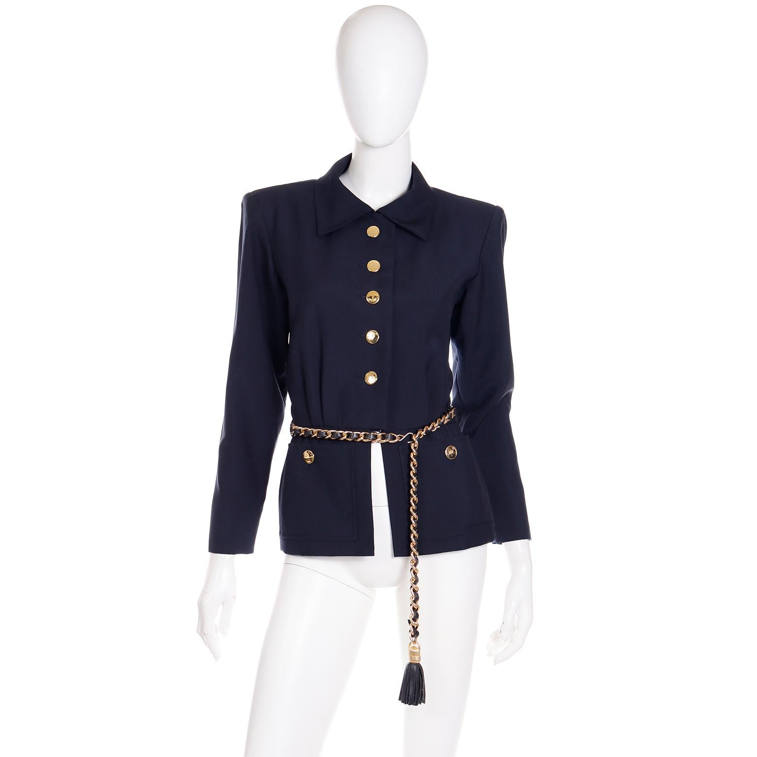 1987 YSL Yves Saint Laurent Vintage Navy Blue Mohair Blend Jacket W Tassel Belt In Excellent Condition In Portland, OR