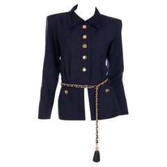 Veste en mohair bleu marine vintage avec ceinture à pompons YSL Yves Saint Laurent, 1987