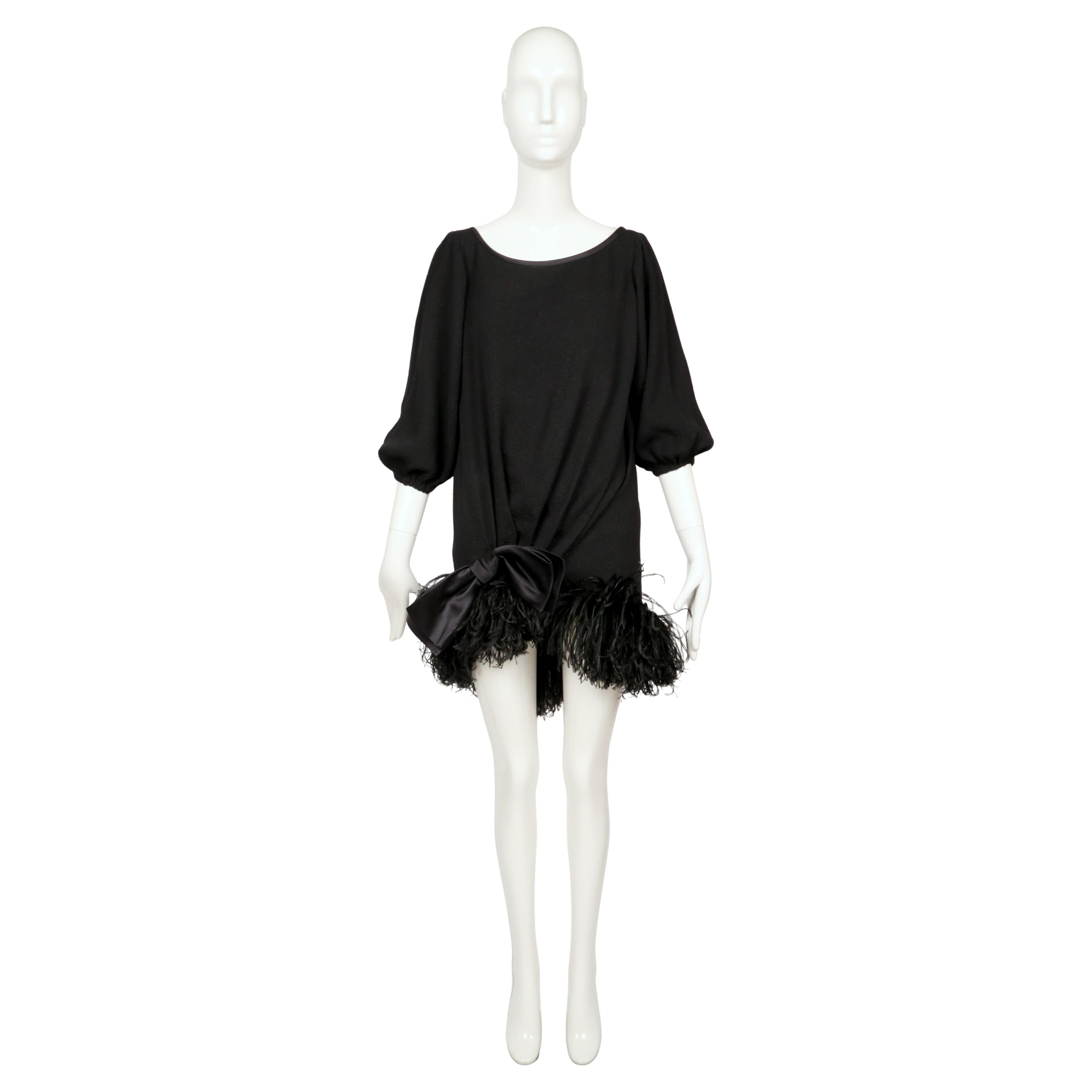 1987 YVES SAINT LAURENT Black Cloqué Silk Dress with Marabou Feather Trim