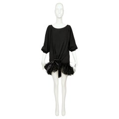 1987 YVES SAINT LAURENT Black Cloqué Silk Dress with Marabou Feather Trim