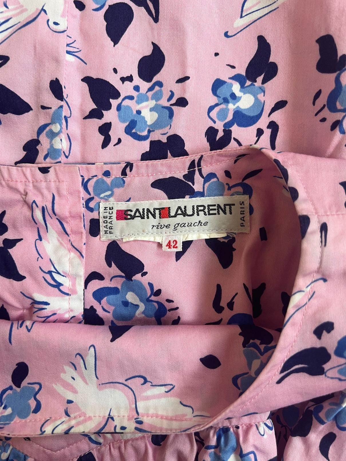 1987 Yves Saint Laurent Rosa Baumwollarmband-Kleid mit Taubenmuster im Angebot 1