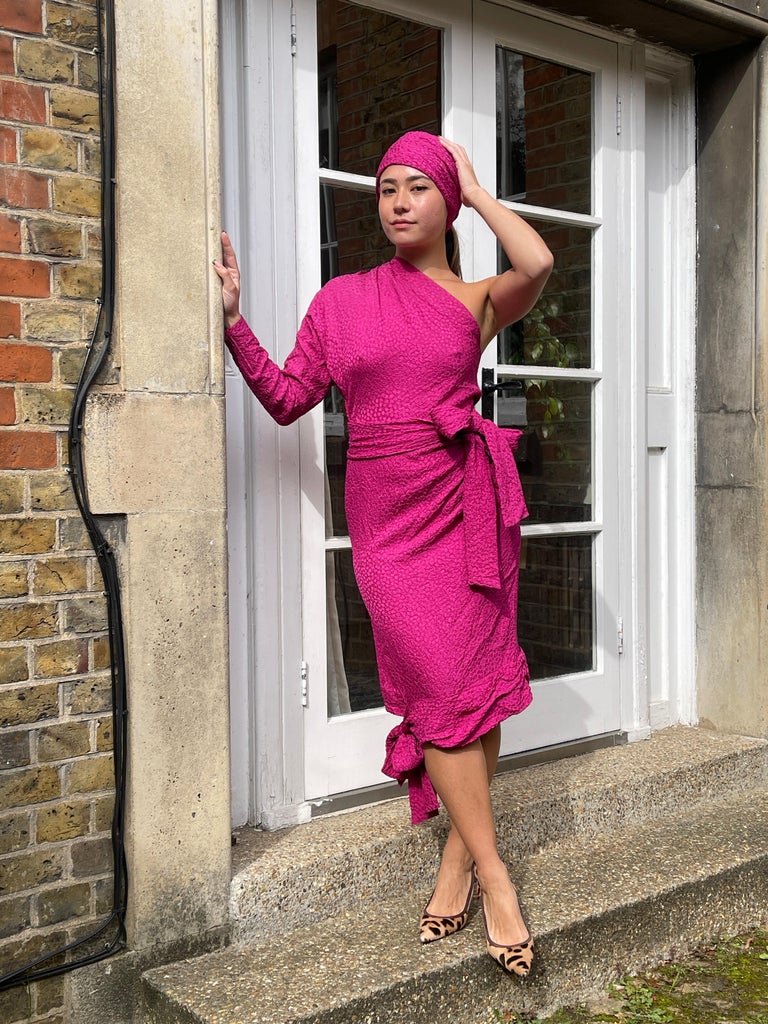 yves saint laurent pink dress 1987 Yves Saint Laurent Pink Silk Asymmetric Dress with Belt For Sale at  1stDibs