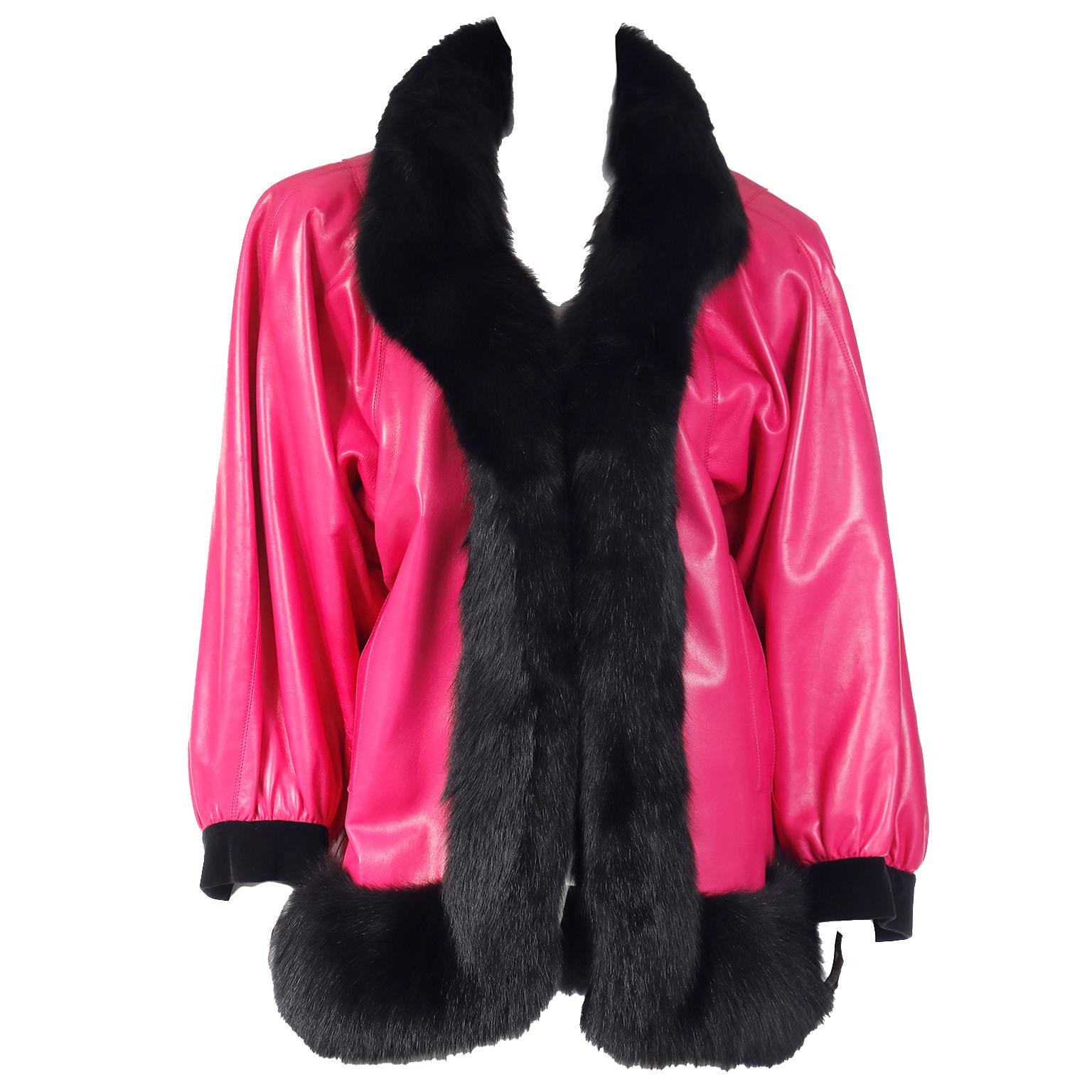 1987 Yves Saint Laurent Runway Haute Couture Pink Leather Jacket w Black Fur For Sale 7
