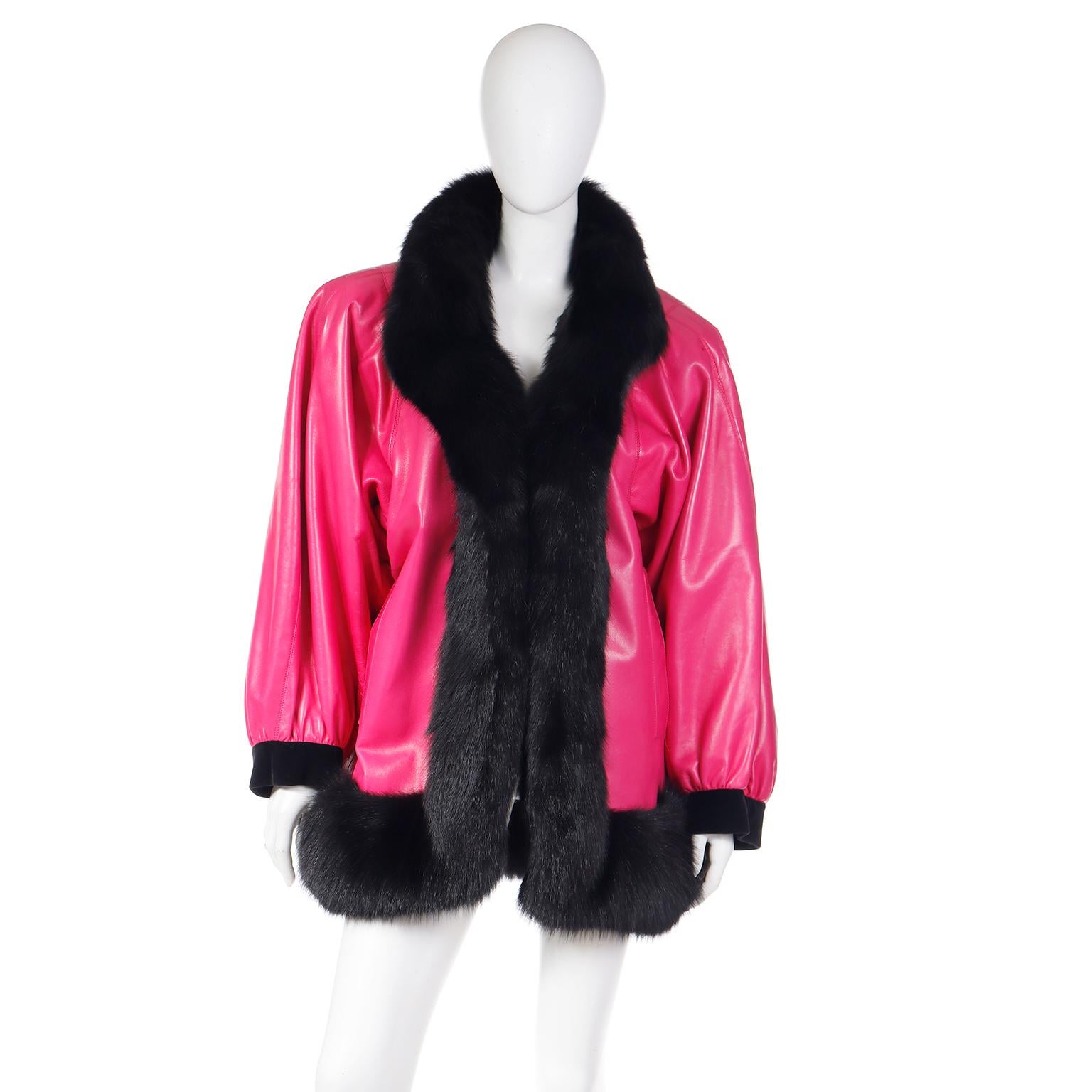 black leather jacket with pink fur