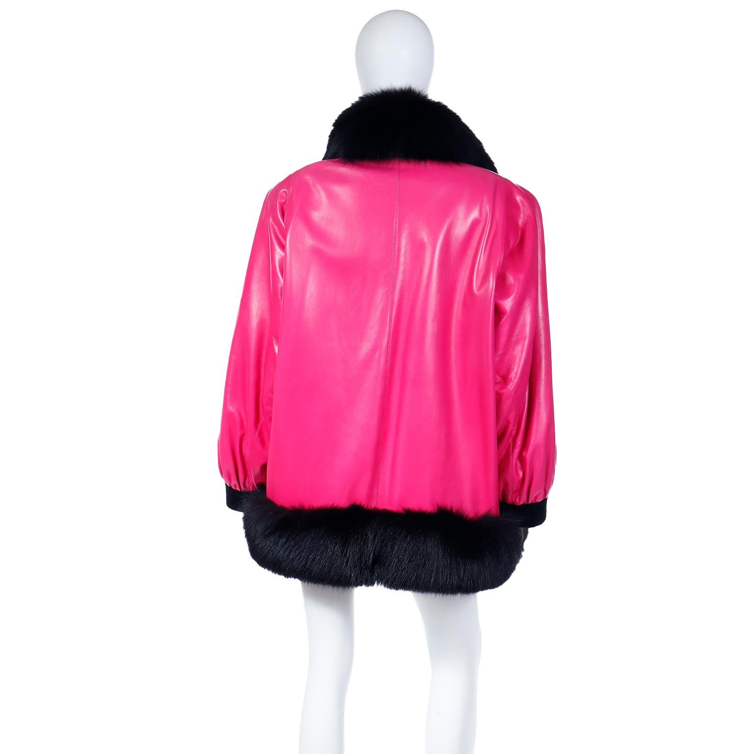 1987 Yves Saint Laurent Laufsteg Haute Couture Rosa Lederjacke mit schwarzem Pelz im Angebot 1