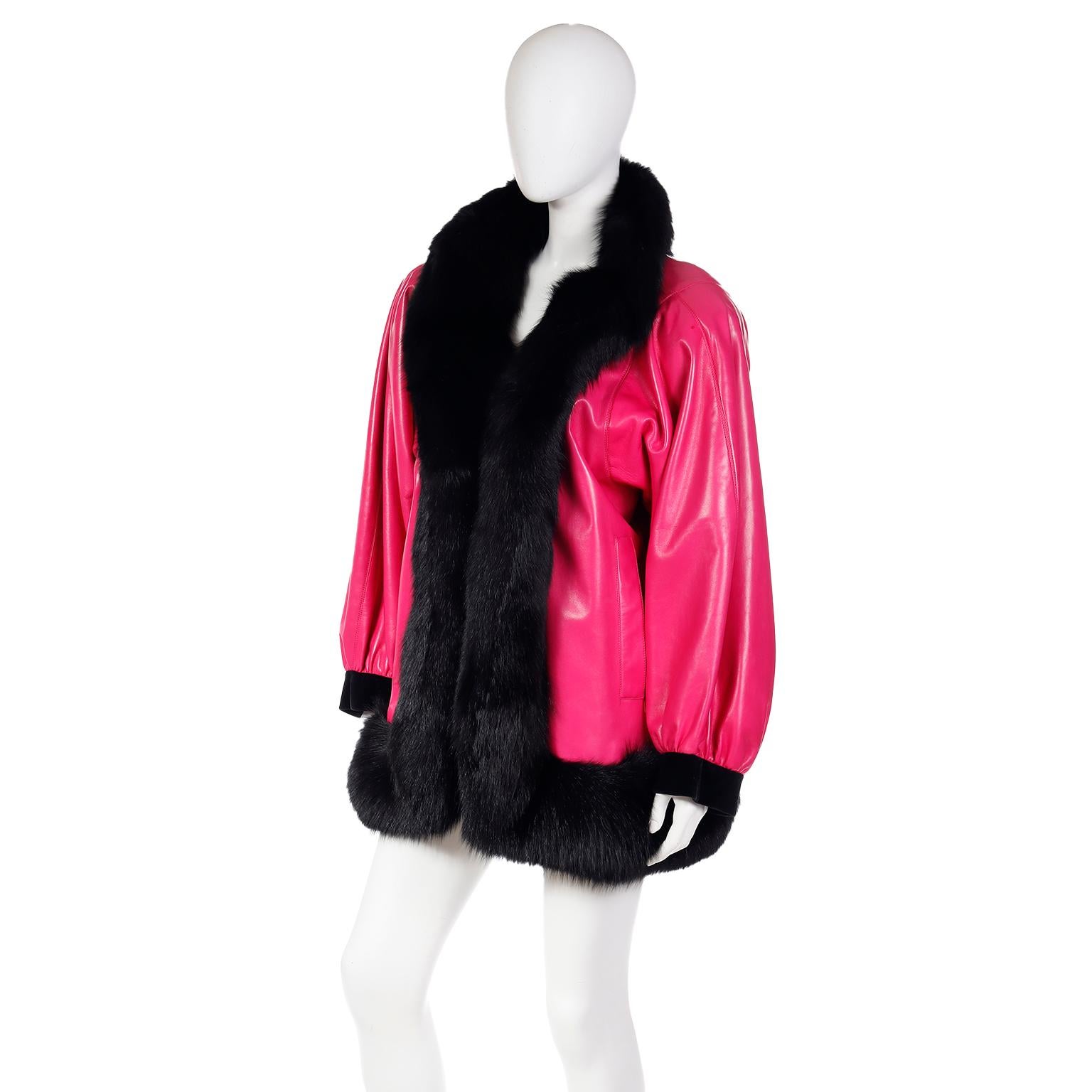1987 Yves Saint Laurent Runway Haute Couture Pink Leather Jacket w Black Fur In Excellent Condition For Sale In Portland, OR