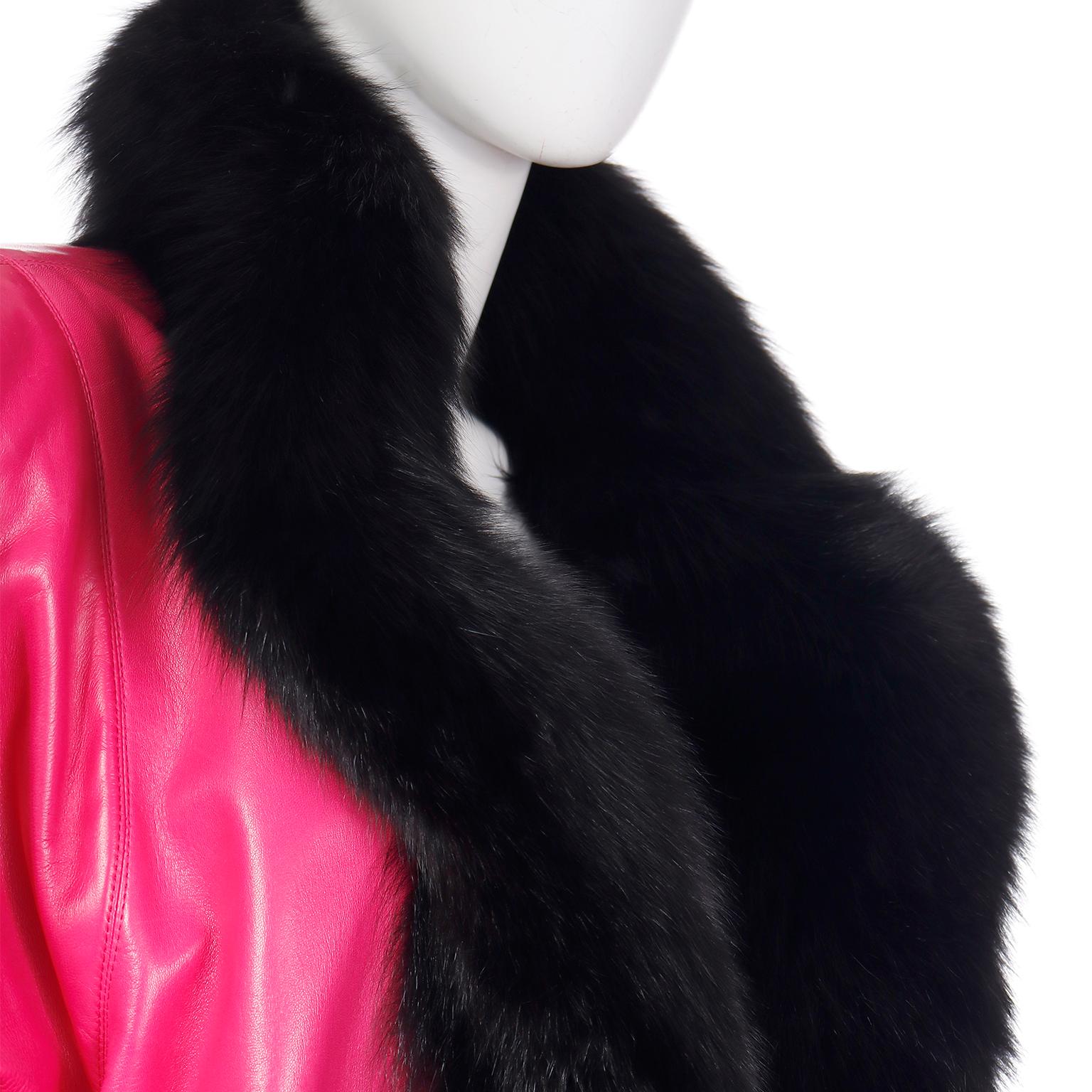 Women's 1987 Yves Saint Laurent Runway Haute Couture Pink Leather Jacket w Black Fur For Sale