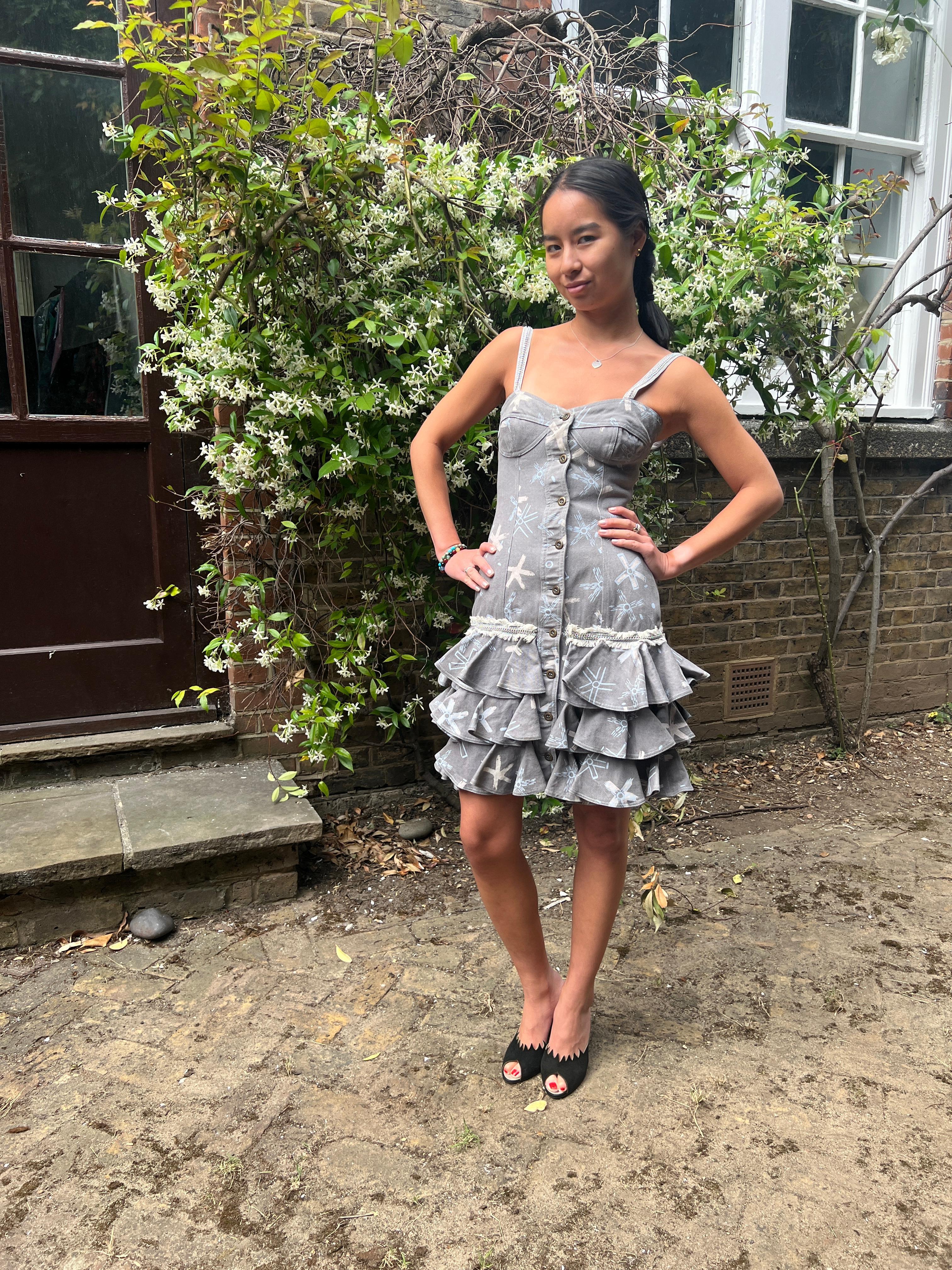 1987 Zandra Rhodes Grey Denim Ra Ra Dress For Sale 2