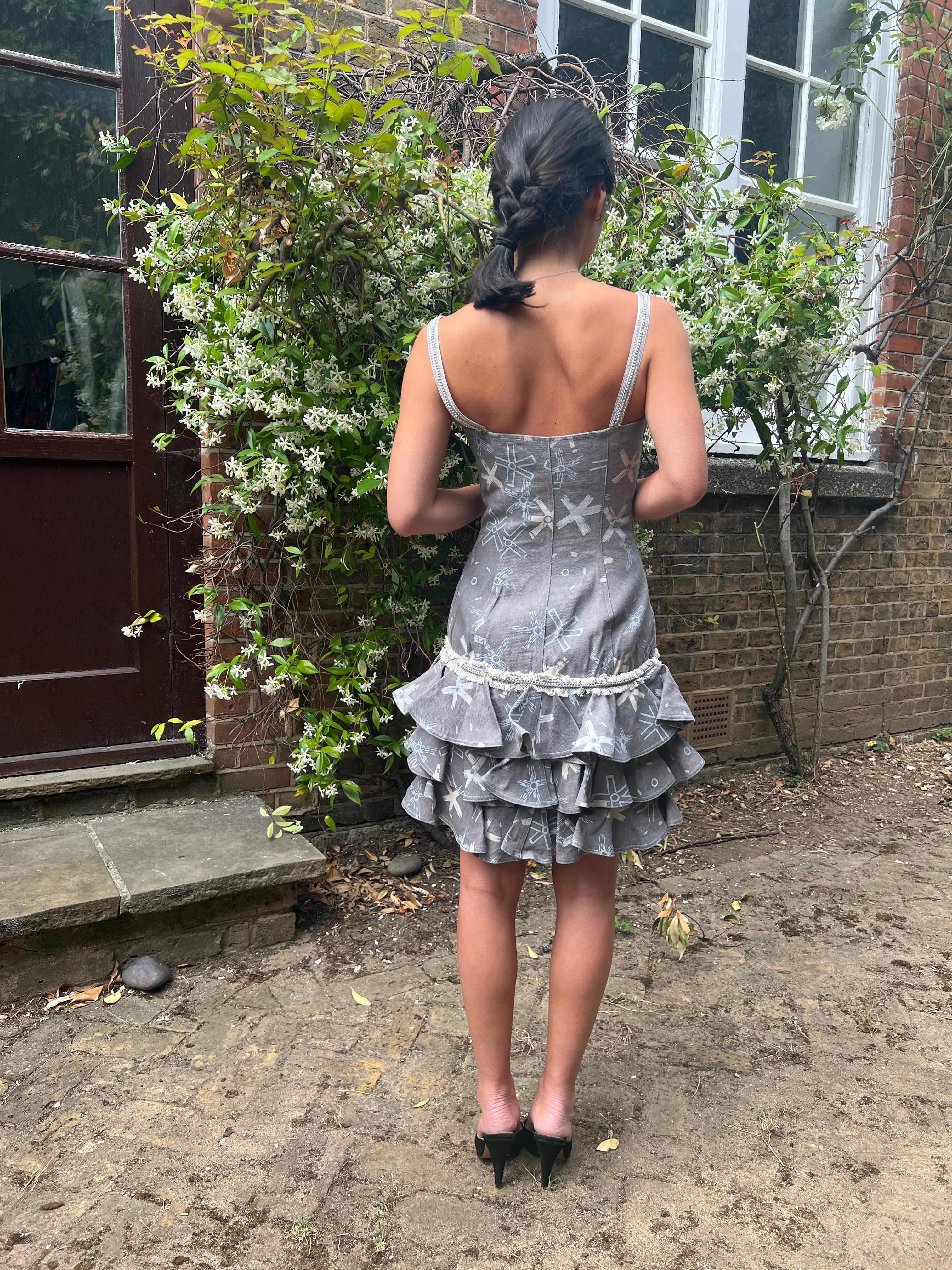 1987 Zandra Rhodes Grey Denim Ra Ra Dress For Sale 3