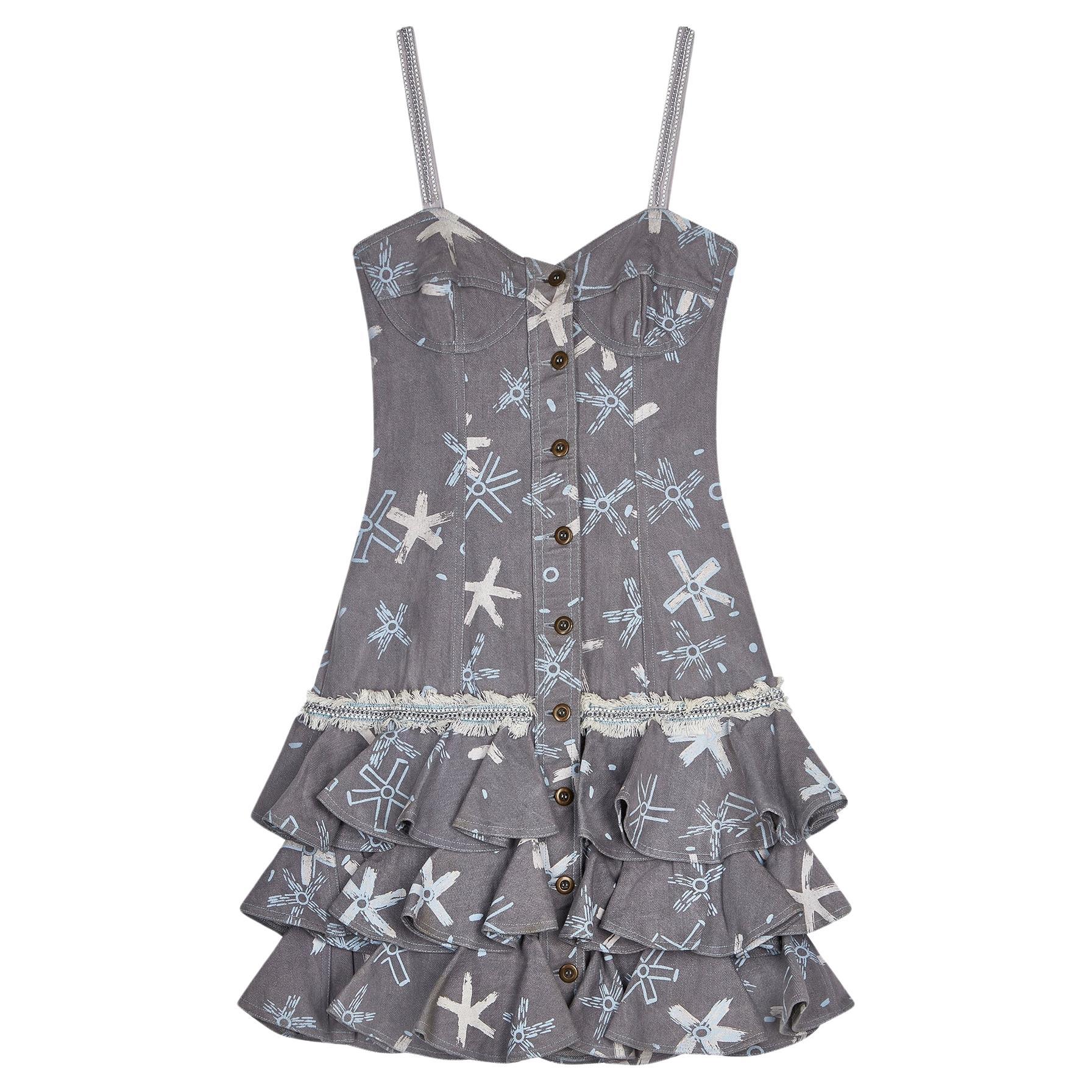 1987 Zandra Rhodes Grey Denim Ra Ra Dress