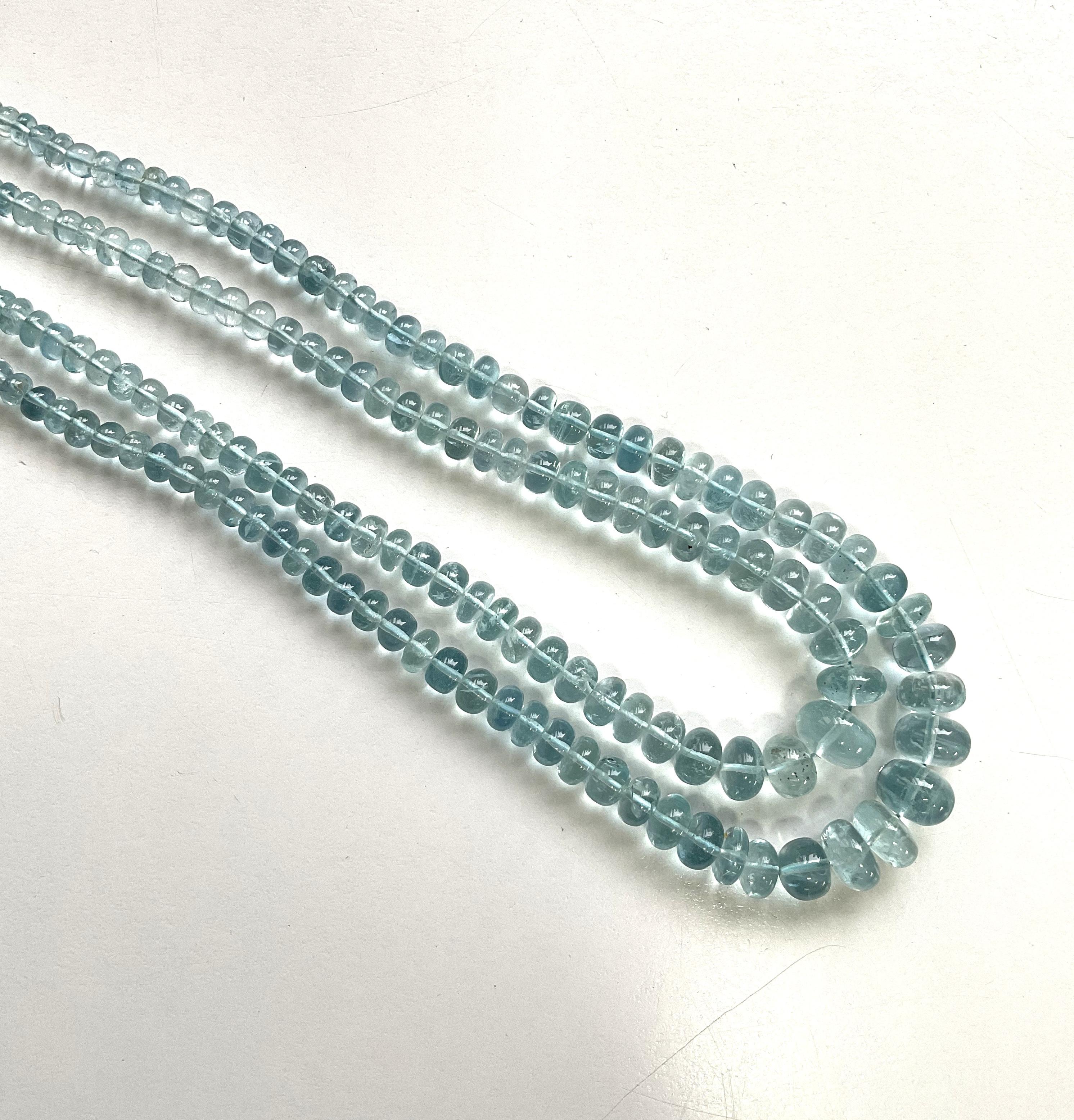 Art déco 198.75 Carats Aquamarine Beads Plain 2 Strand Necklace Top Quality Natural Gem  en vente