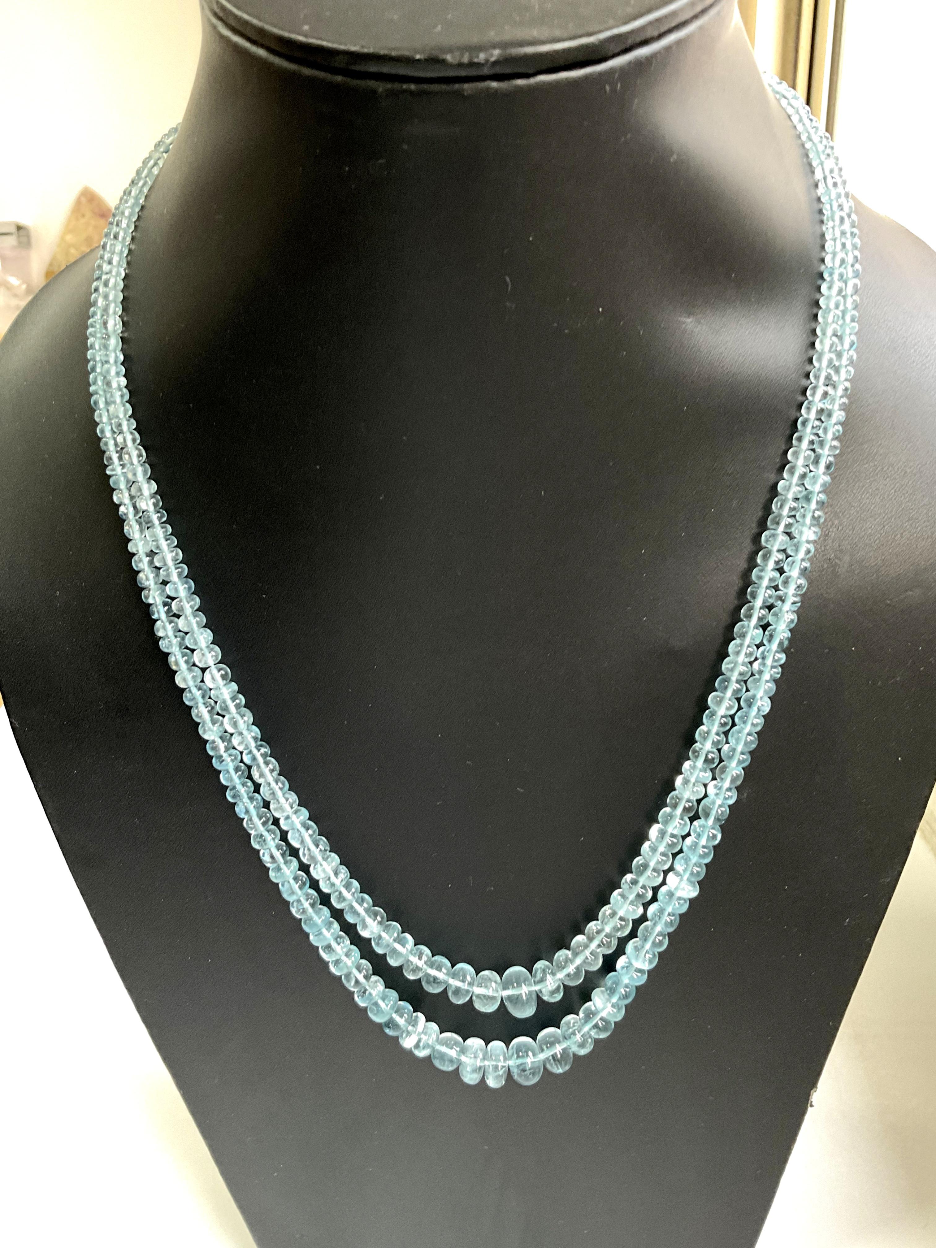 198.75 Carats Aquamarine Beads Plain 2 Strand Necklace Top Quality Natural Gem  Unisexe en vente