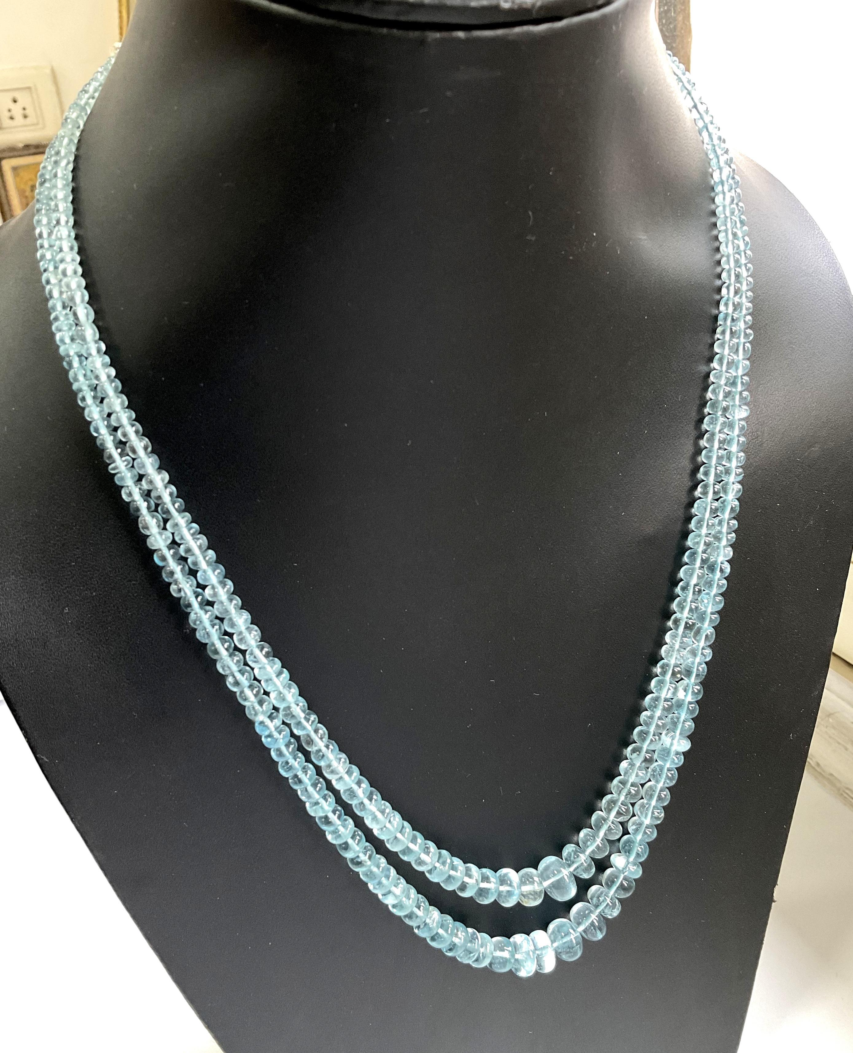 198.75 Carats Aquamarine Beads Plain 2 Strand Necklace Top Quality Natural Gem  For Sale 2