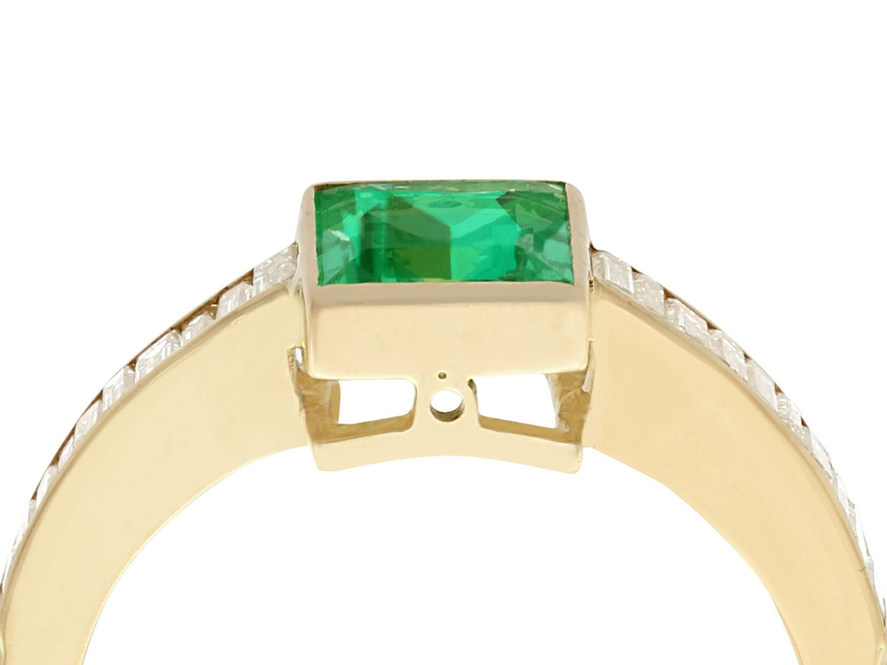 A fine and impressive 1.10 carat emerald, 0.45 carat diamond and 18 karat yellow gold cocktail ring; part of our diverse antique jewelry and estate jewelry collections

This fine and impressive emerald and diamond ring has been crafted in 18k yellow