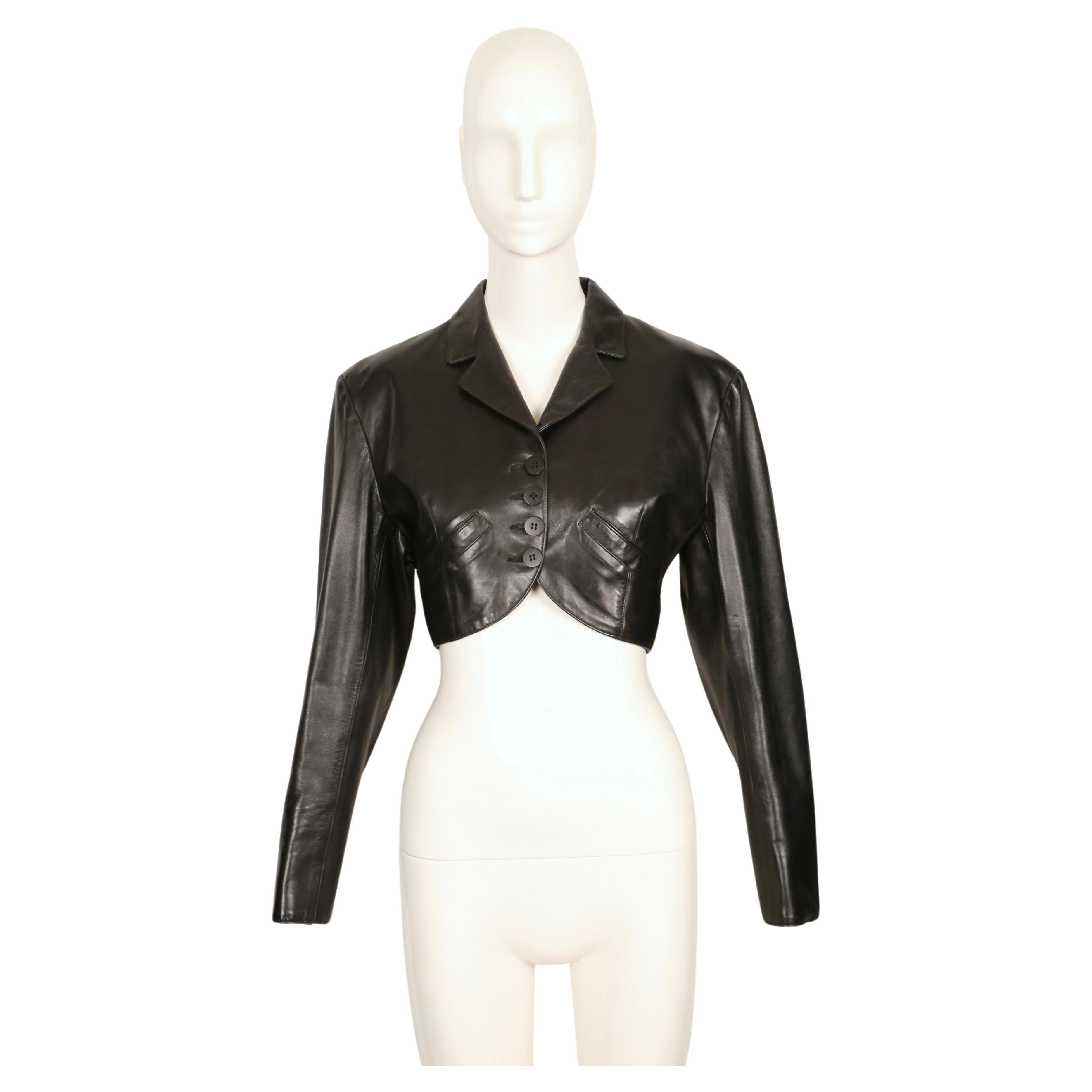 Beige 1988 AZZEDINE ALAIA cropped black leather jacket with curved pockets