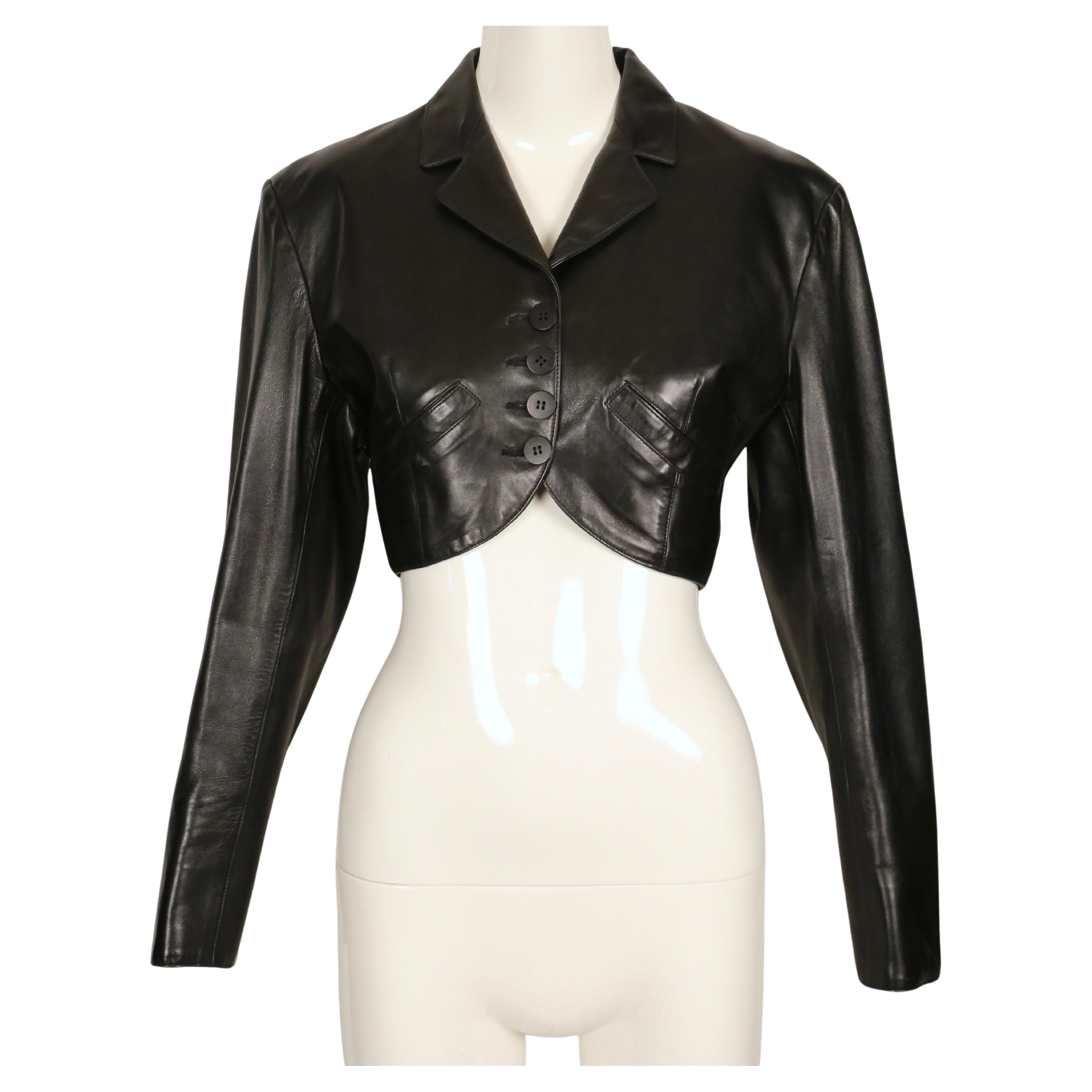 1988 AZZEDINE ALAIA cropped black leather jacket with curved pockets In Good Condition In San Fransisco, CA