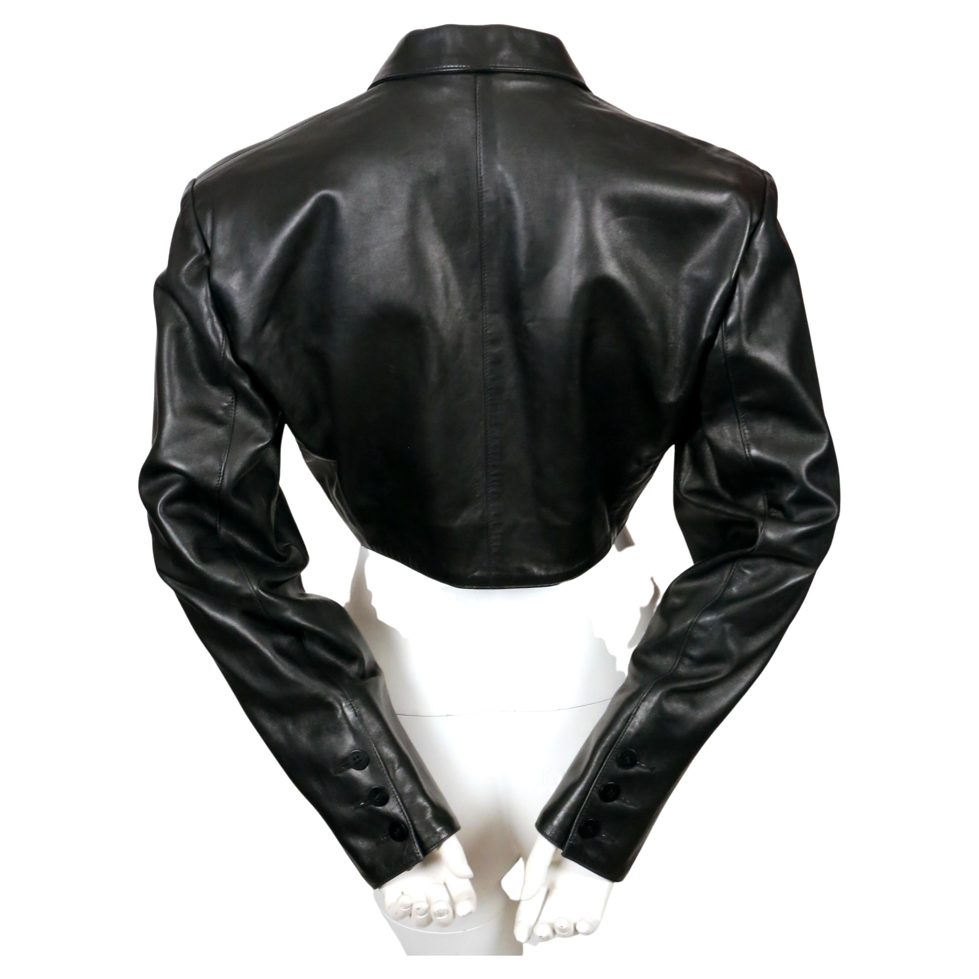 1988 AZZEDINE ALAIA cropped black leather jacket with curved pockets In Good Condition For Sale In San Fransisco, CA