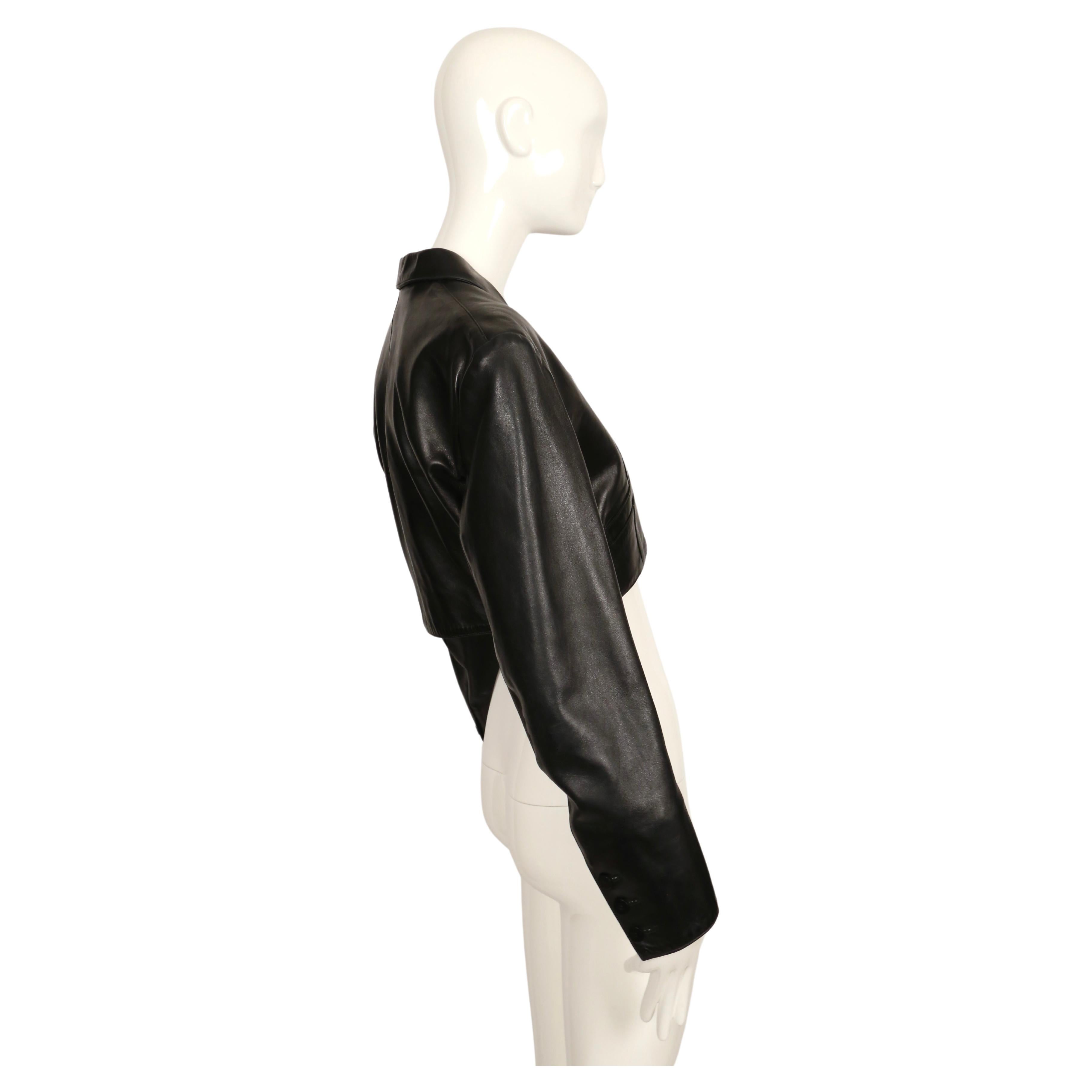 1988 AZZEDINE ALAIA cropped black leather jacket with curved pockets 1