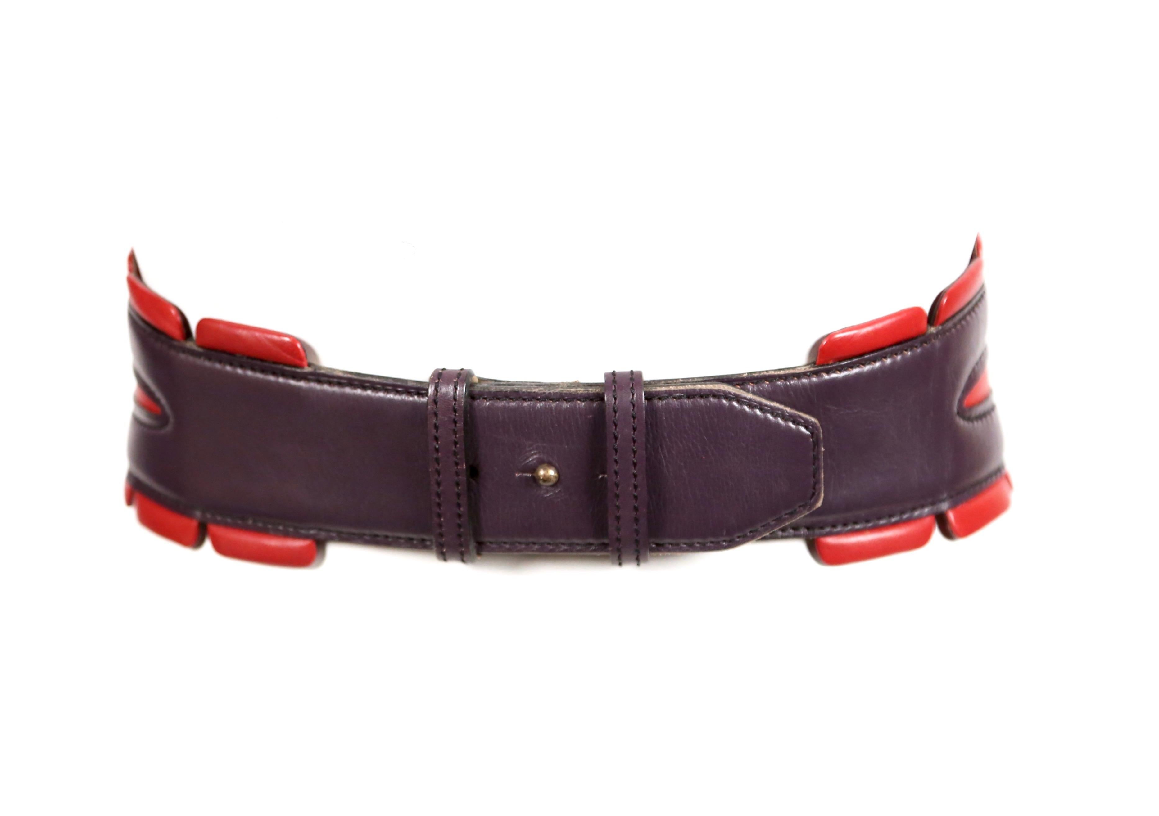 Women's or Men's 1988 AZZEDINE ALAIA red and purple leather runway belt with brass pyramid studs For Sale