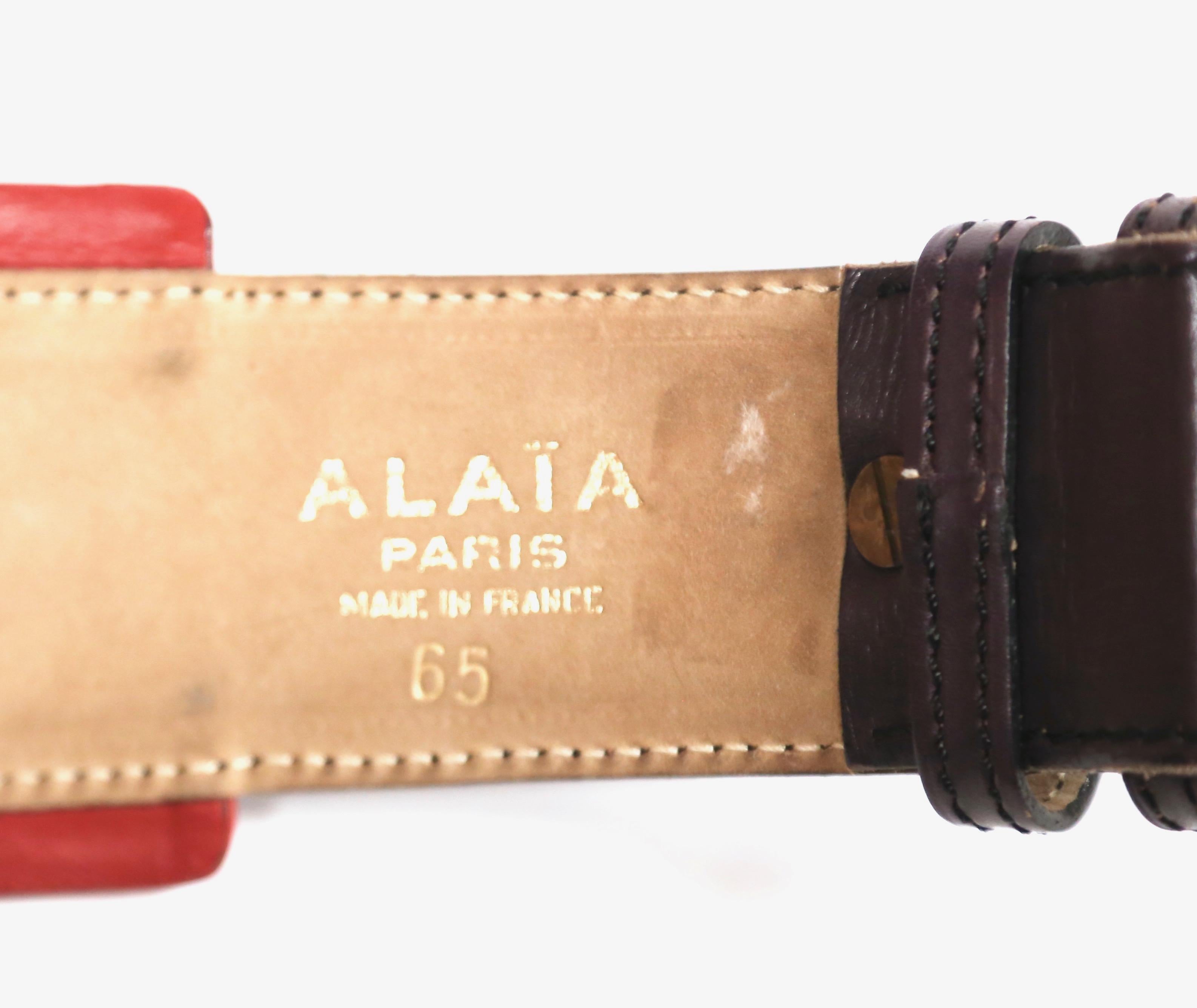 1988 AZZEDINE ALAIA red and purple leather runway belt with brass pyramid studs For Sale 1