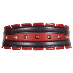 1988 AZZEDINE ALAIA red and purple leather runway belt with brass pyramid studs