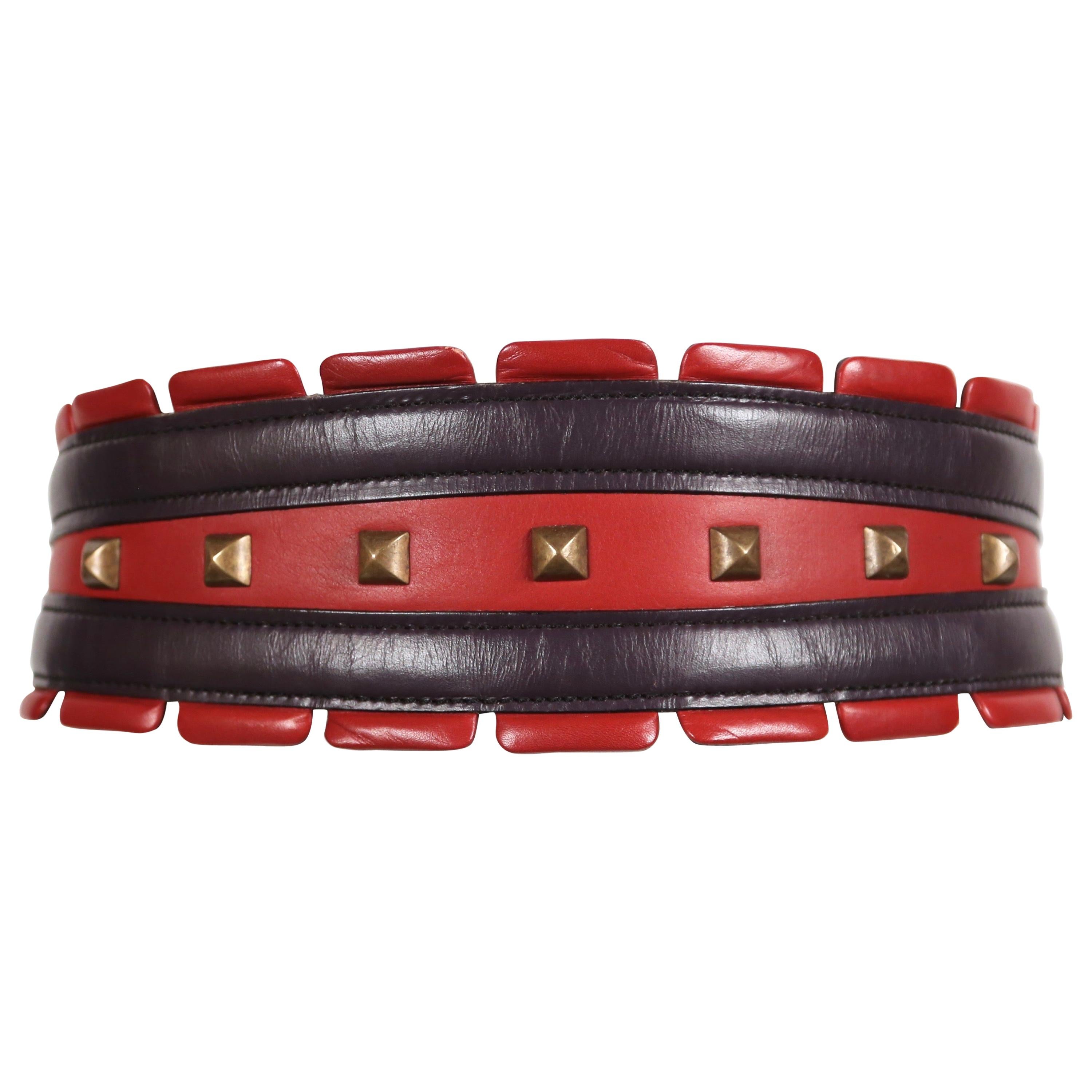 1988 AZZEDINE ALAIA red and purple leather runway belt with brass pyramid studs For Sale