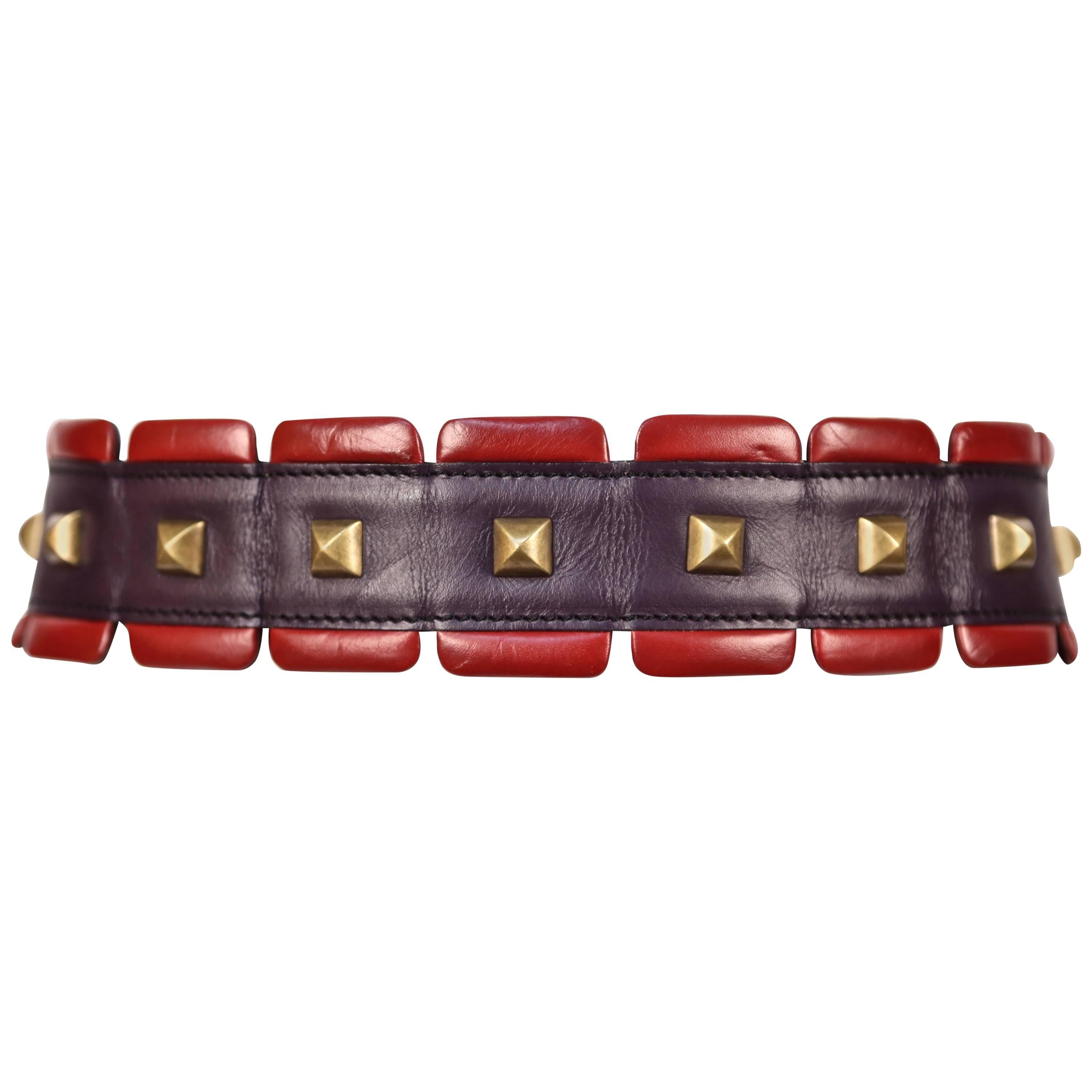 1988 AZZEDINE ALAIA red and purple leather RUNWAY belt with brass pyramid studs For Sale