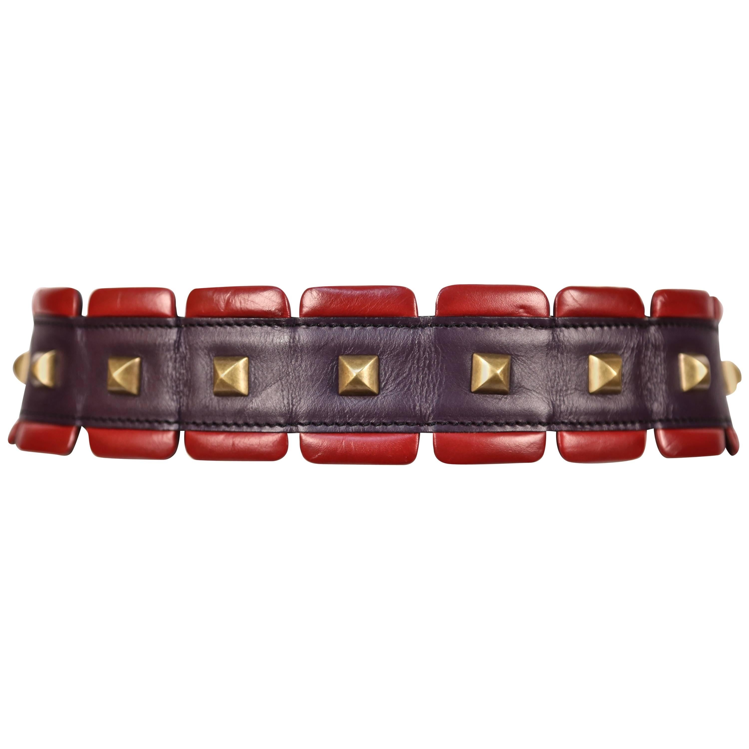 1988 AZZEDINE ALAIA red and purple leather RUNWAY belt with brass pyramid studs