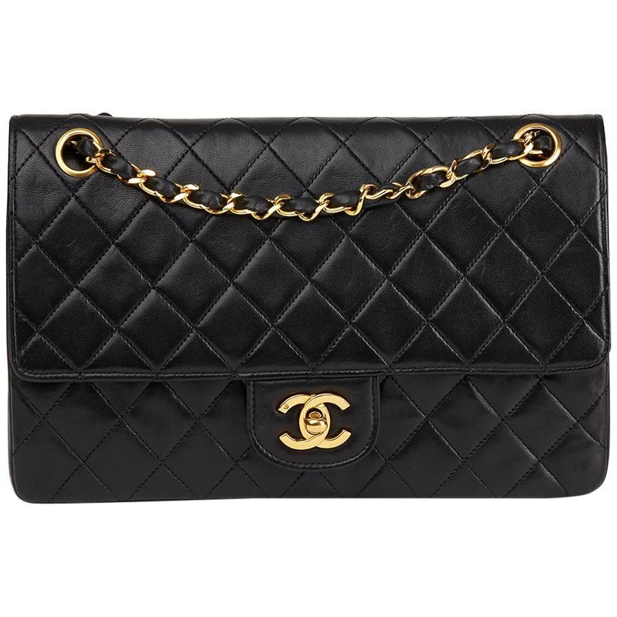 1988 Chanel Schwarz gesteppt Lammfell Vintage Medium Classic Double Flap Tasche