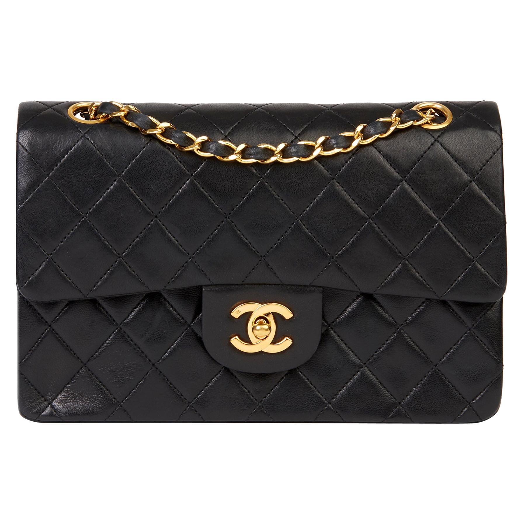 1988 Chanel Black Quilted Lambskin Vintage Small Classic Double Flap Bag 