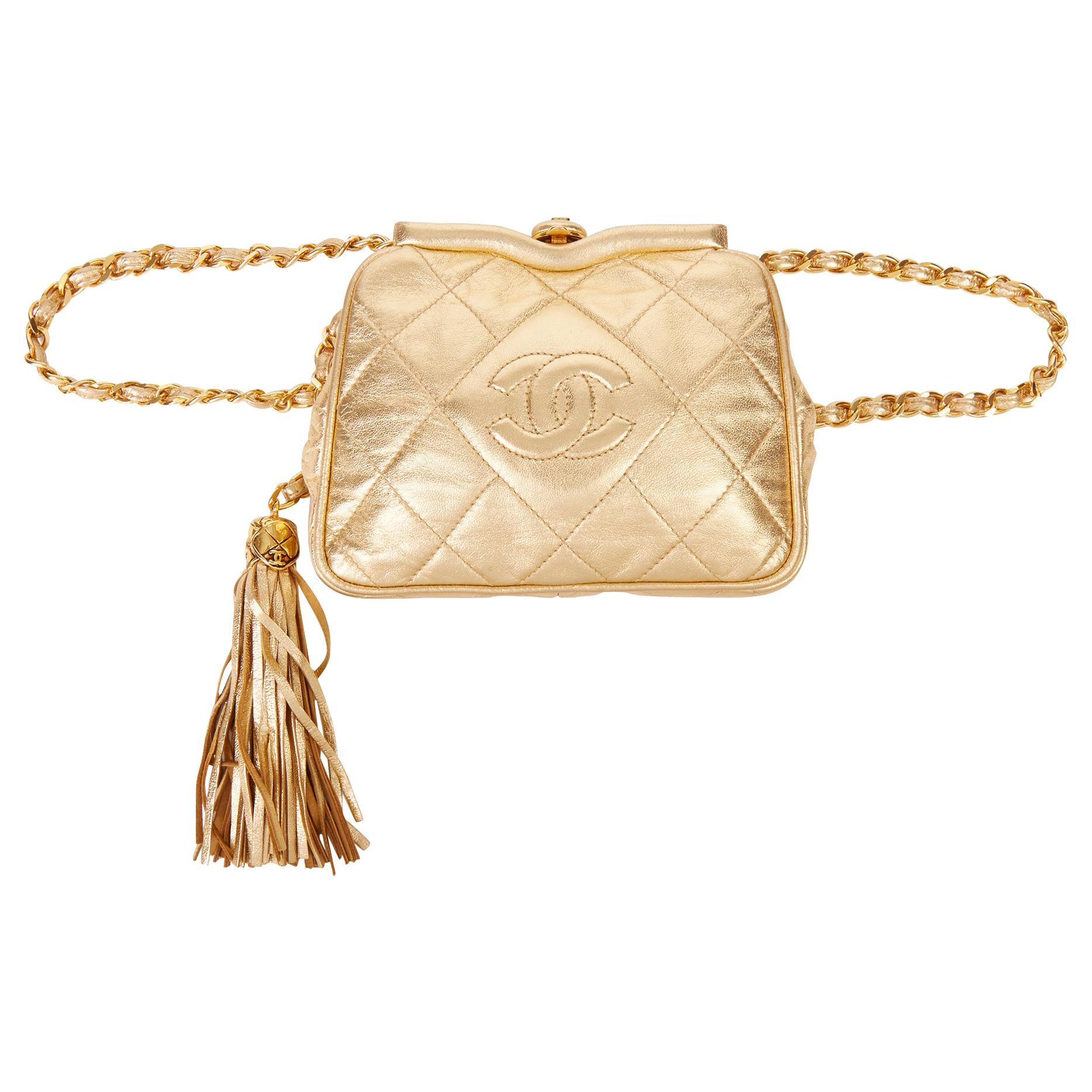 1988 Chanel Gold Quilted Metallic Lambskin Vintage Timeless Belt Bag