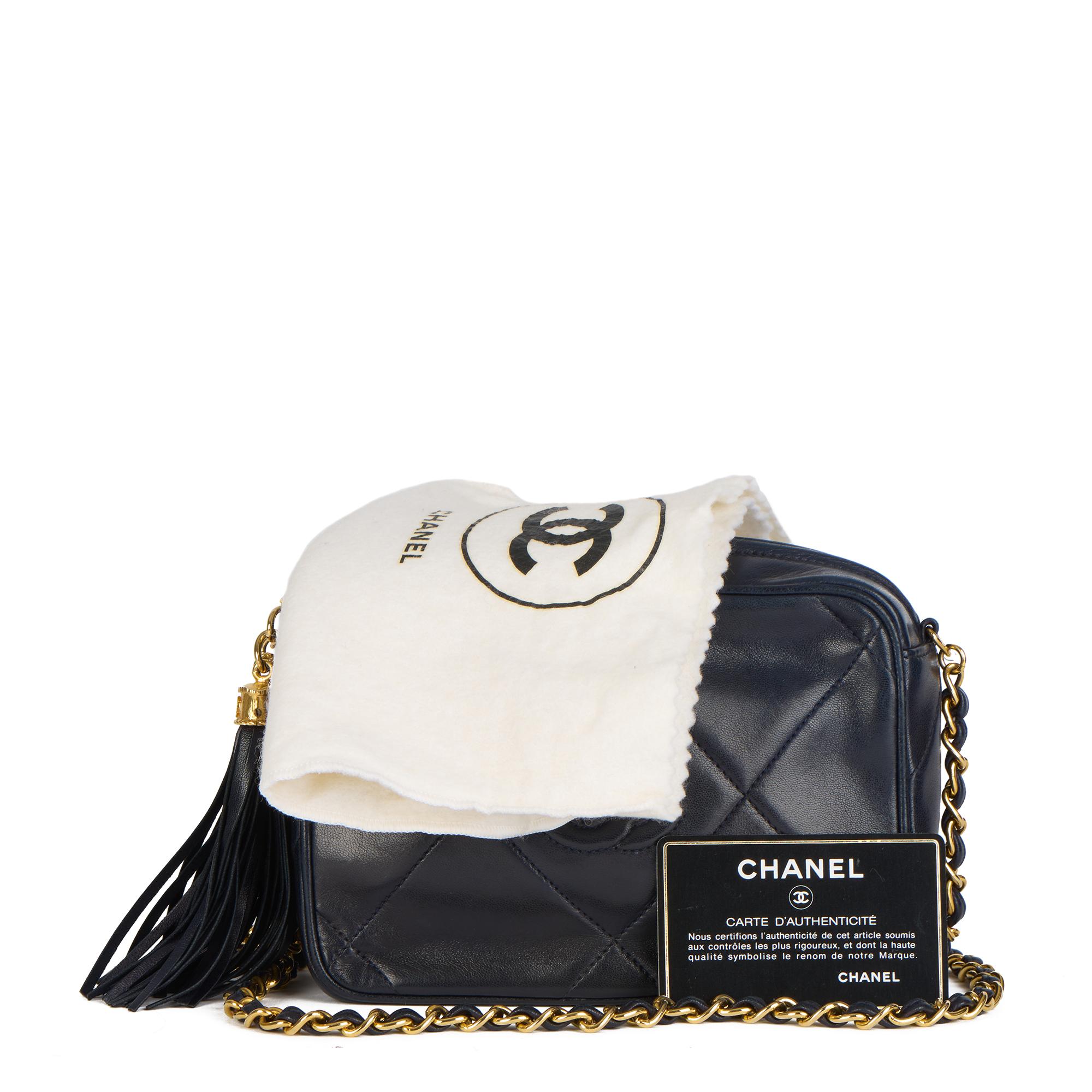 1988 Chanel Navy Quilted Lambskin Vintage Mini Timeless Fringe Camera Bag 5