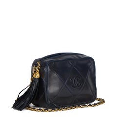 1988 Chanel Navy Quilted Lambskin Vintage Mini Timeless Fringe Camera Bag