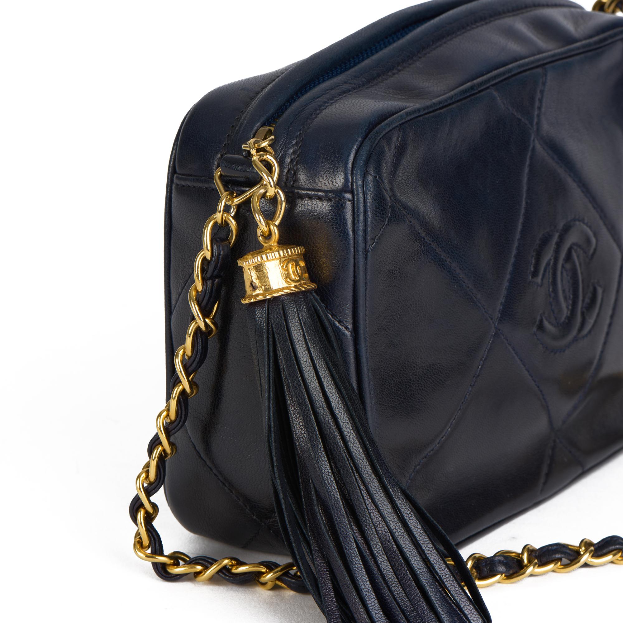 1988 Chanel Navy Quilted Lambskin Vintage Mini Timeless Fringe Camera Bag 1