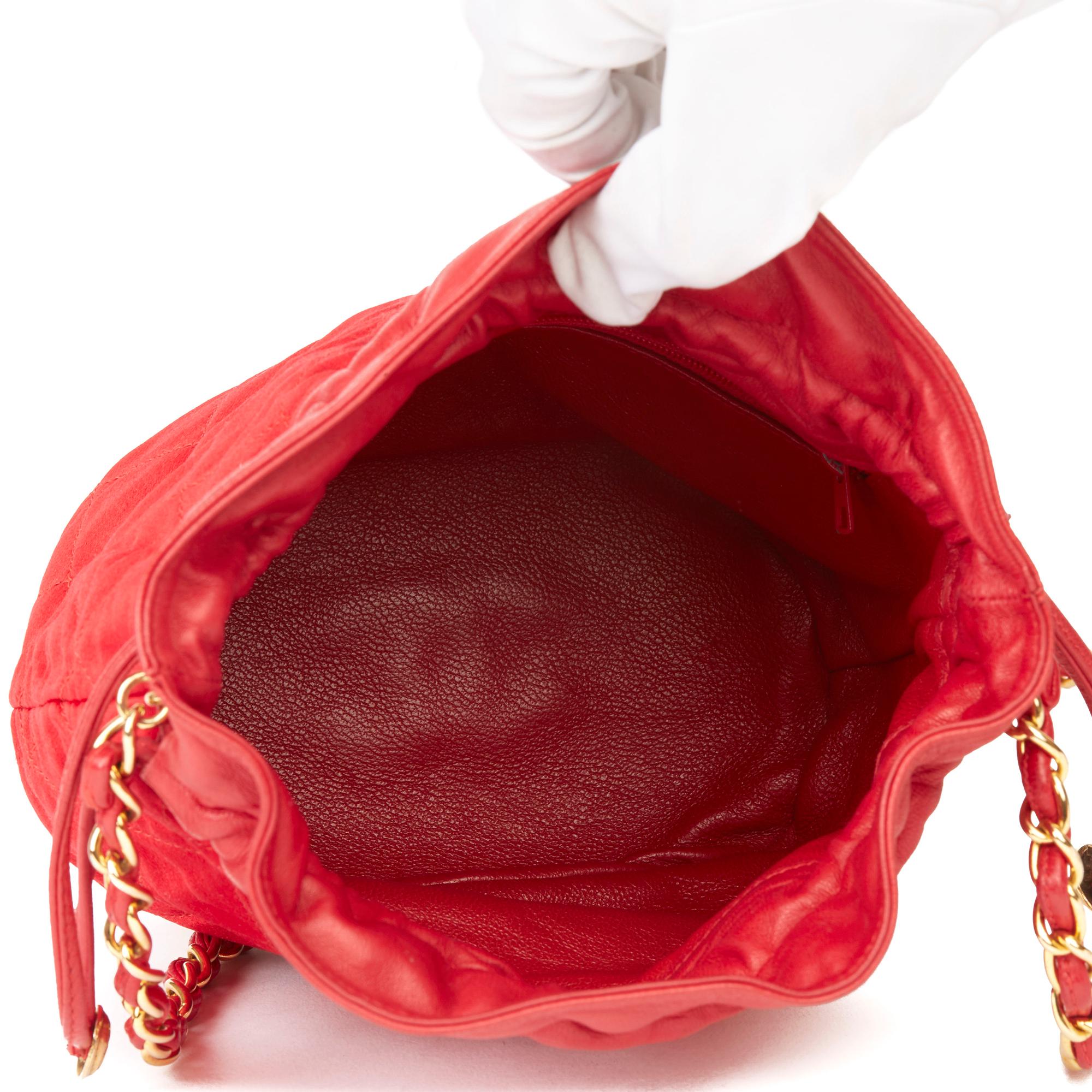 1988 Chanel Red Quilted Satin & Lambskin Vintage Timeless Bucket Bag  7